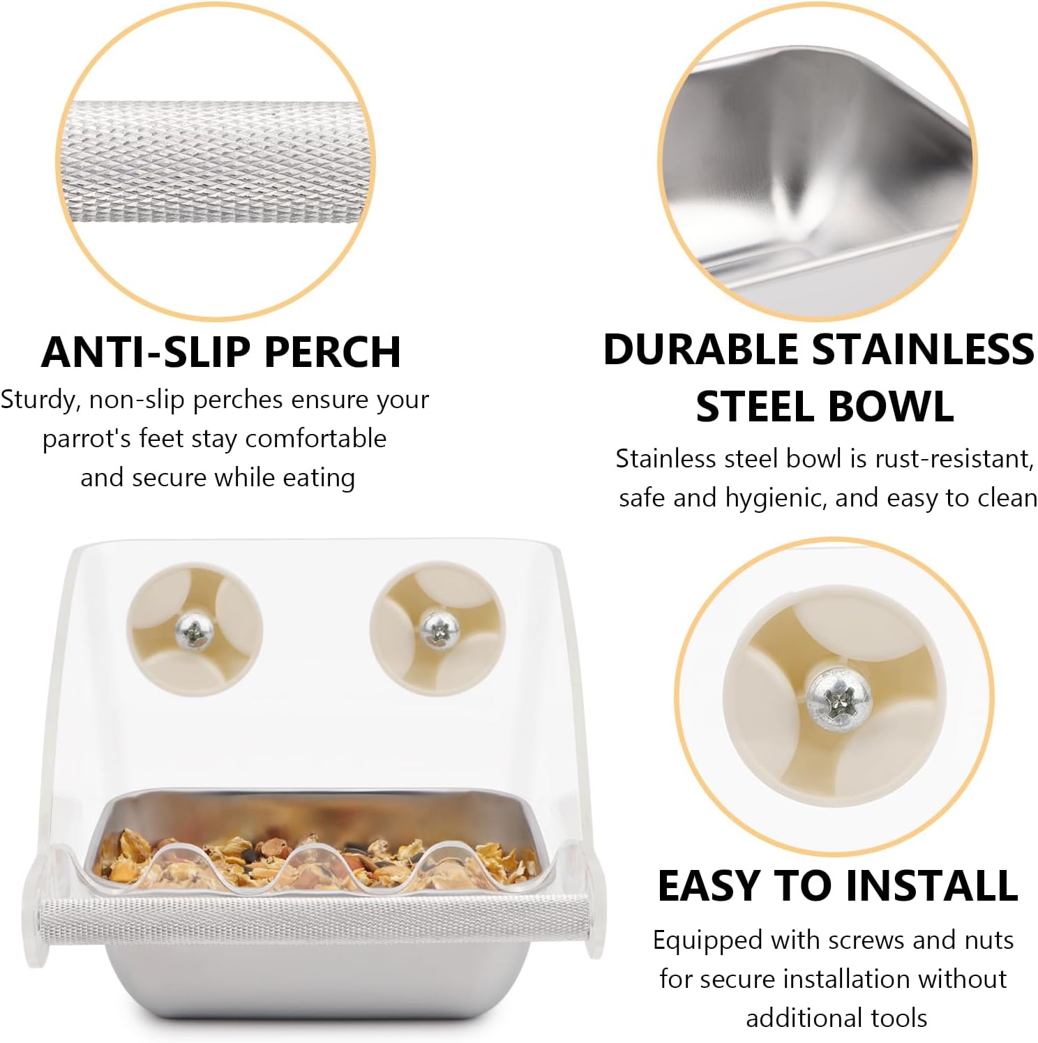 Hypeety Transparent Bird Feeder No Mess Parakeet Feeder for Cage Clear Bird Cage Feeders with Anti-Slip Perch Stainless Steel Food Bowl for Parakeets Parrots Budgies Lovebirds Cockatiels Conures - Happypetzone.online - Image 3