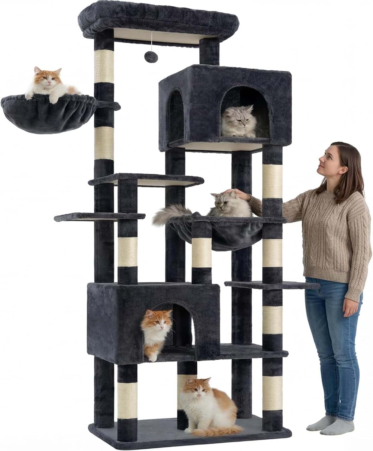 Heybly Cat Tree, 76-Inch Tall Heavy Duty Cat Tower for Big Cats with Extra Wide Baseboard, Multi-Level Large Cat Furniture with 2 Condos & 2 Hammocks, 10 Scratching Posts, Smoky Gray HCT039G - Happypetzone.online - Image 6