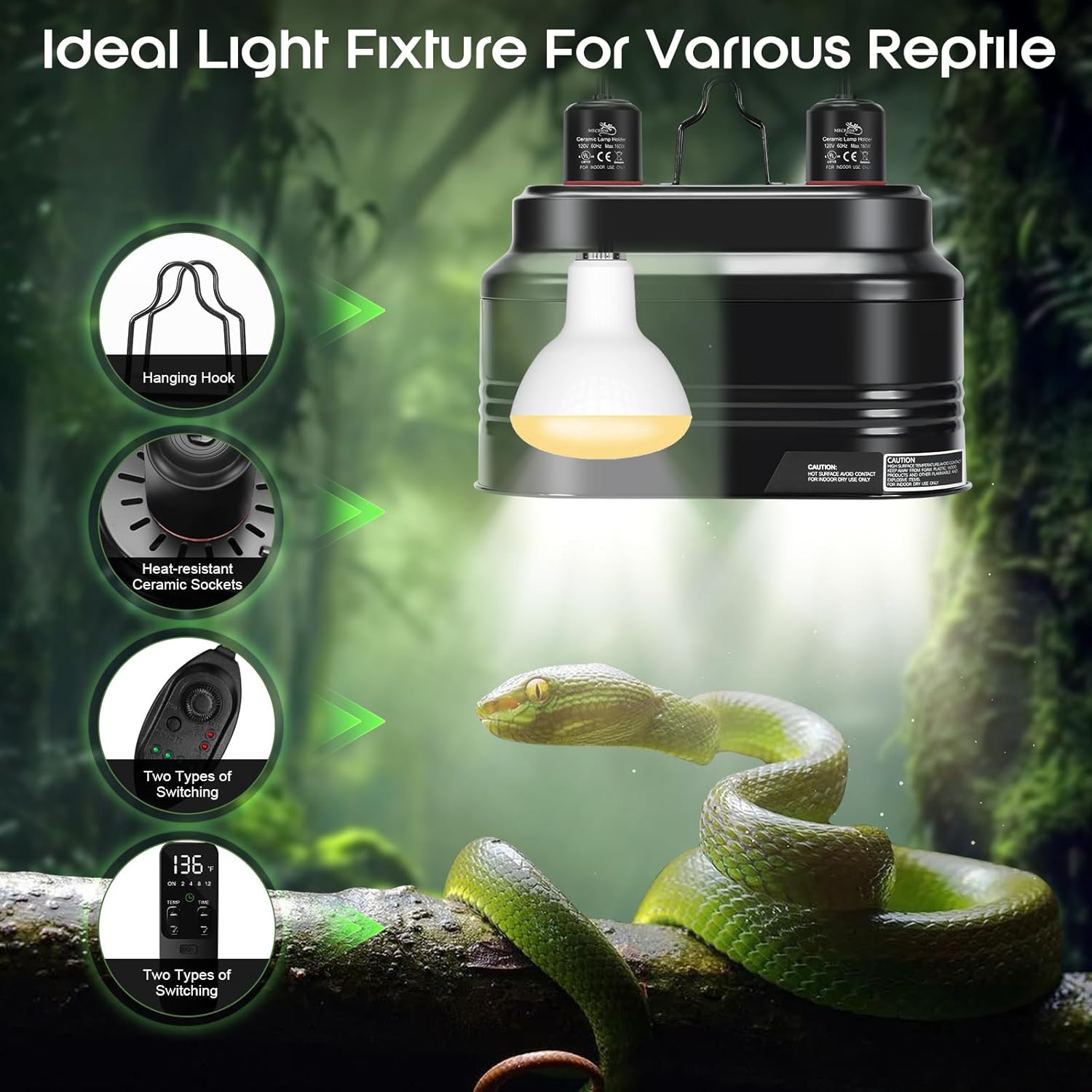 MECESOR Dual Reptile Light Fixture,Double Reptile Heat Lamp Fixture with Independent Thermostat Control & Timer Dimming Function Reflector Dome Lamp Fixture for Lizard,Bearded Dragon - Max 160W - Happypetzone.online - Image 6
