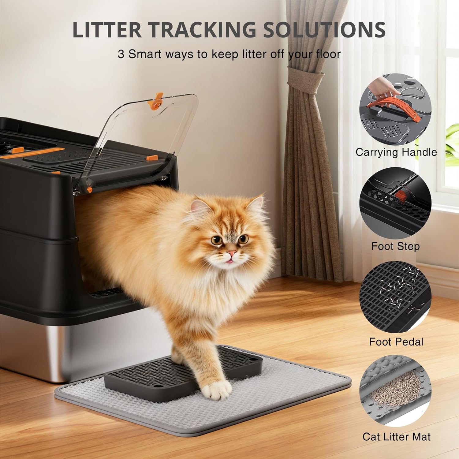 Stainless Steel Cat Litter Box, XL Enclosed Cat Litter Box with Lid, Easy to Clean High-Sided Metal Kitty with Top Entry, Scoop, Mat, Brush & Foot Pedal-Black - Happypetzone.online - Image 7