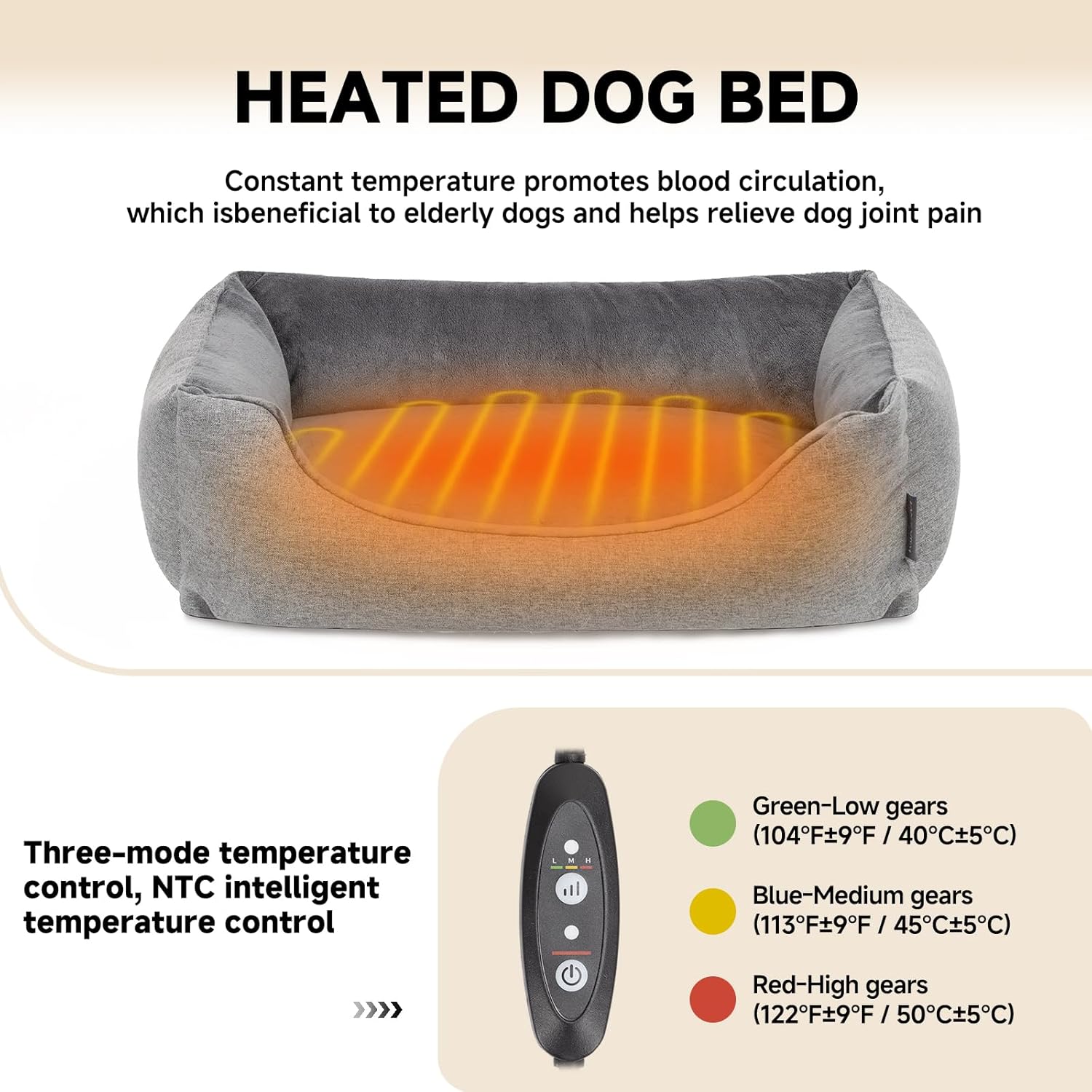 Heated Dog Bed with Auto Sensing Heated pad, 3-Temperature Settings & Chew-Resistant Cord - 33x25 Inch Luxury Sofa-Style Heated Pad for Large Dogs - Happypetzone.online - Image 4