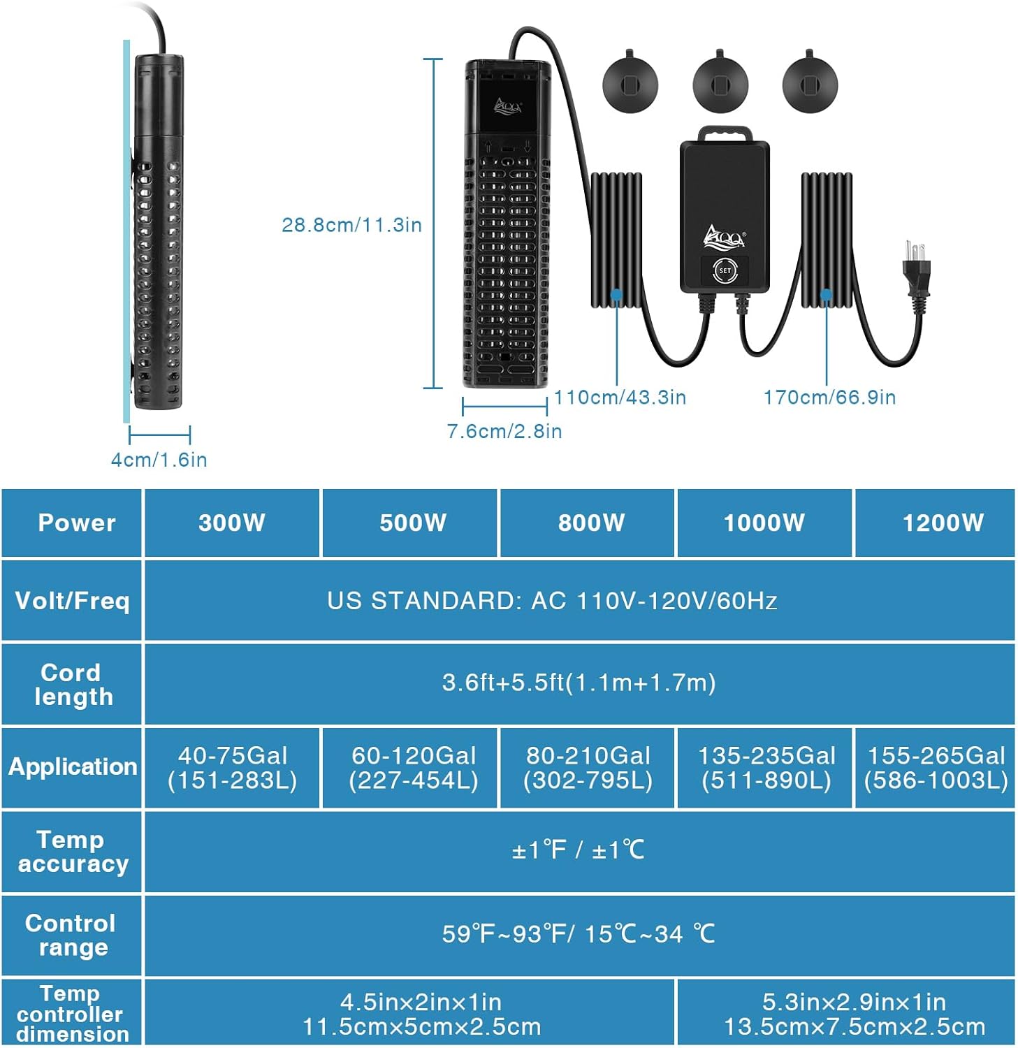 AQQA Aquarium Heater,300W 500W 800W 1000W 1200W Fish Tank Heater,59℉-93℉ Submersible Intelligence Aquarium Heater with Over-Temperature Dry Burning Protection 1000W to 135-235 Gallon - Happypetzone.online - Image 7