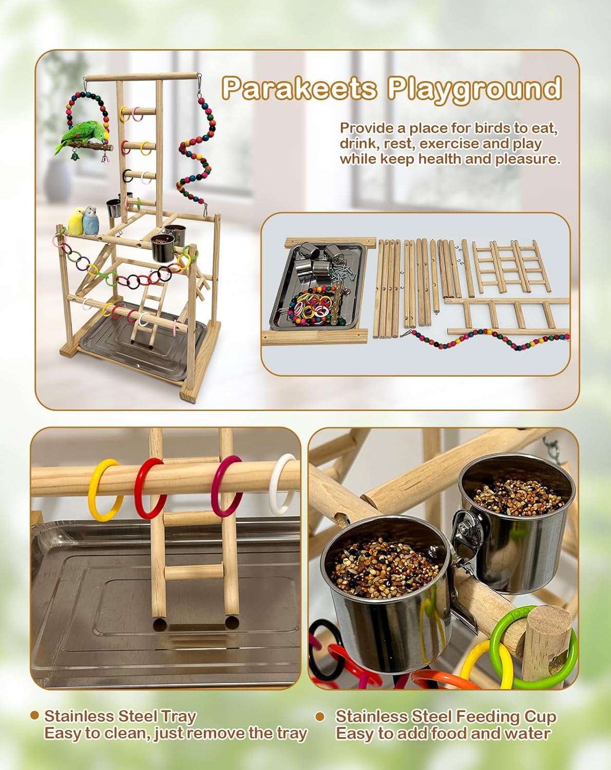 Bird Play Stand, Large Parakeet Playground, Natural Wood Parrot Perch Stand, Birds Play Gym Cockatoos Cage Accessories with Feeder Cups Swings for Cockatiel Budgie Conure - Happypetzone.online - Image 5