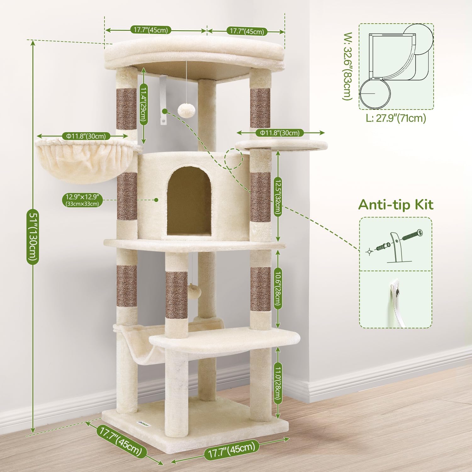Globlazer Corner Cat Tree, 51in Curved Series Modern Cat Tower for Indoor Cats with Hammock, 7 Sisal Scratching Posts, Large Fan-Shaped Platform for Large Cats, Cat Condo & Hanging Basket, C51, Beige - Happypetzone.online - Image 7