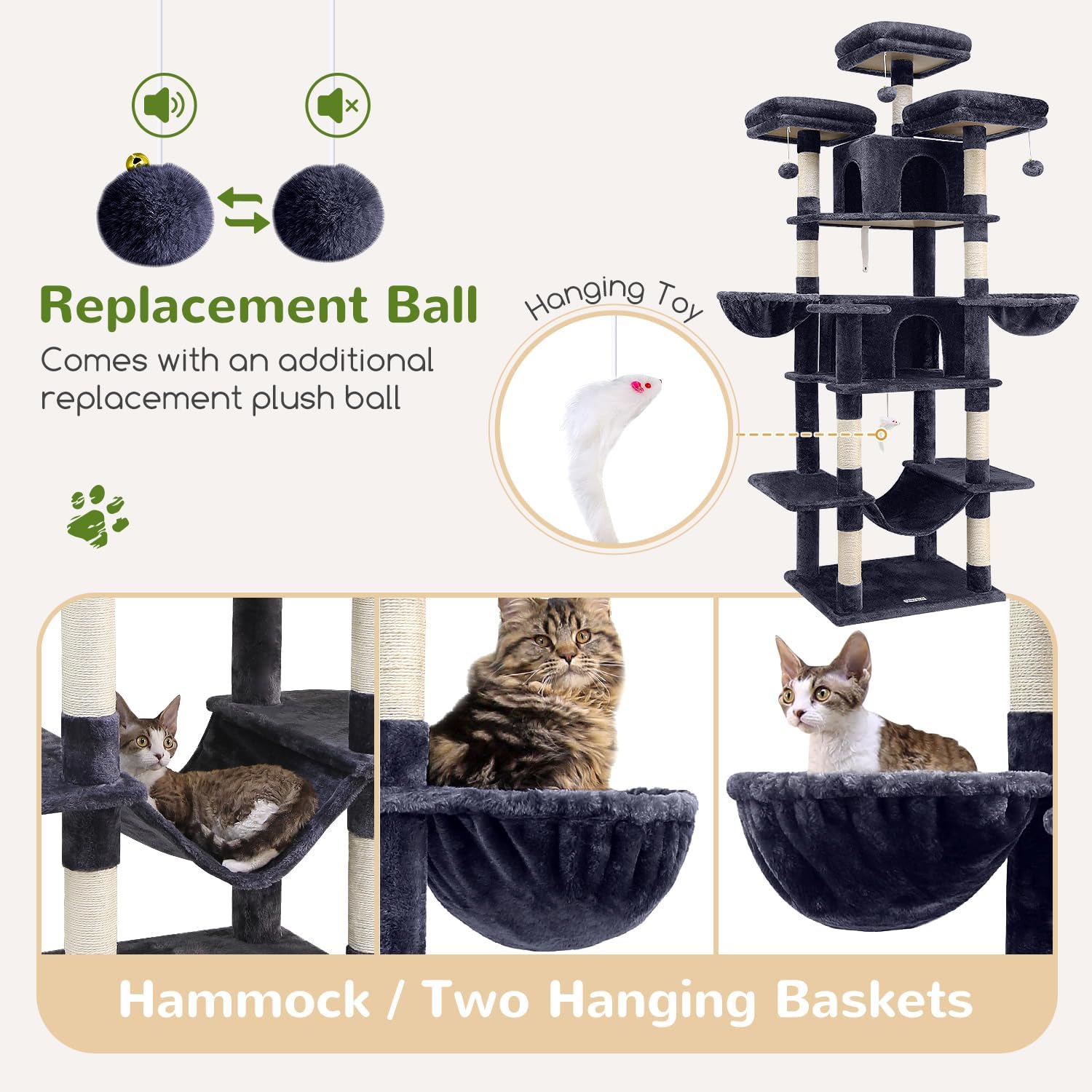 Globlazer Big Cat Tower for Indoor Cats, 80inch Cat Tower for Multiple Adult Cats XXL Cat Tree with Scratching Post, Hammock, 3 Perches, 2 Condos, 2 Hanging Basket, F80, Dark Grey - Happypetzone.online - Image 5