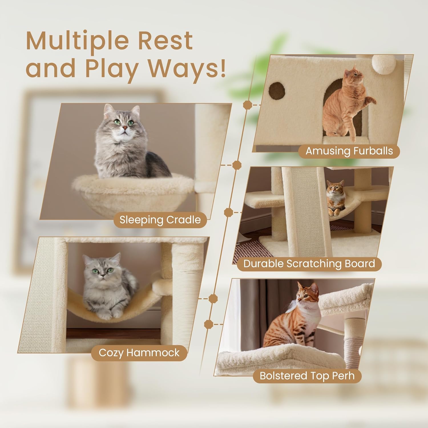 SHA CERLIN 65in Larger Cat Tree Tower Condo for Indoor Kitties/Multi-Level Furniture Activity Center with Wide Base/Cozy Plush Cat Perches/Baskets/Sisal Scratching Posts and Hammock/Beige - Happypetzone.online - Image 5