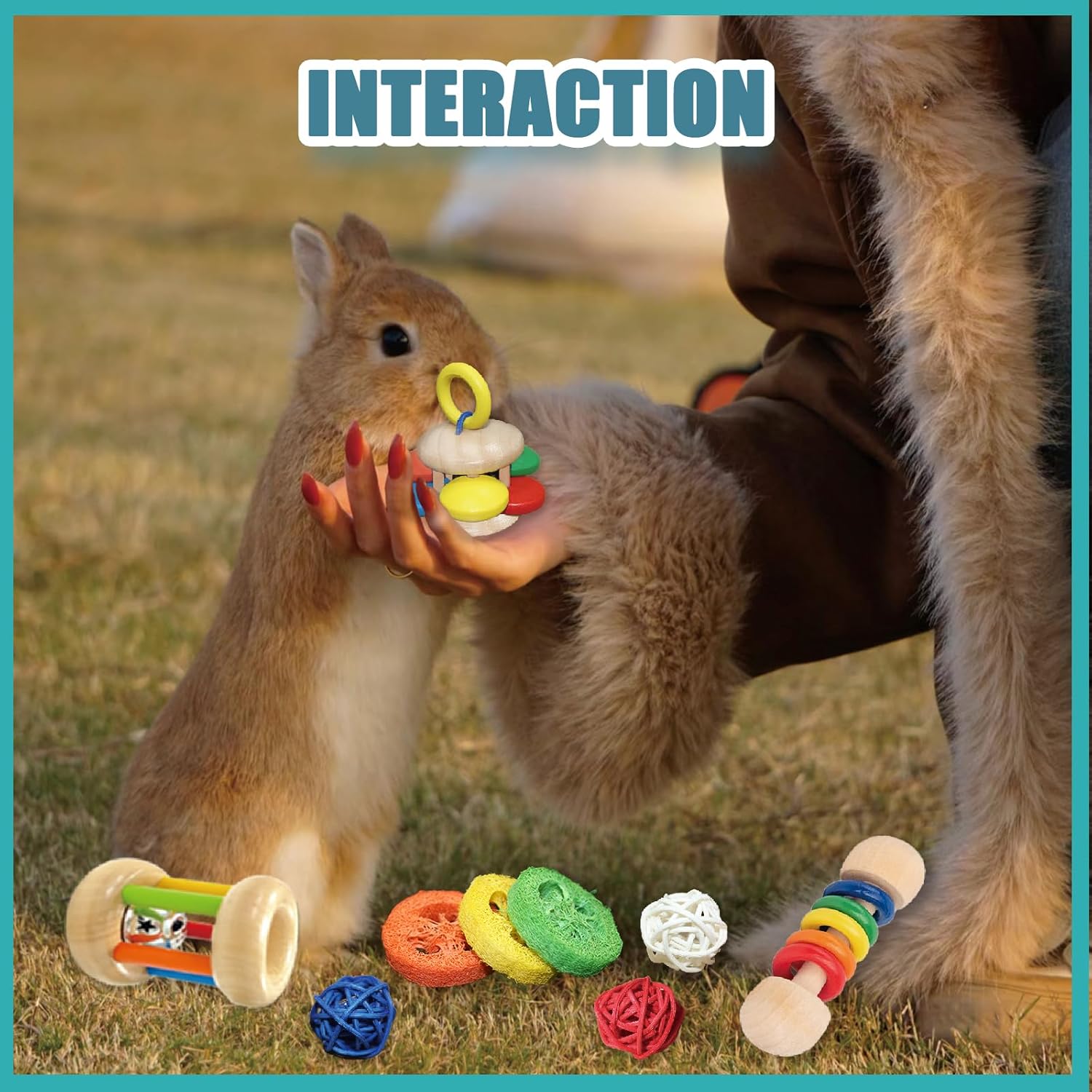 QWR 9PCS Wooden Bunny Toys,Safe Rabbit & Guinea Pigs Teeth Grinding Toy for Chinchillas, Hamsters & Small Animals - Indoor & Outdoor - Happypetzone.online - Image 8