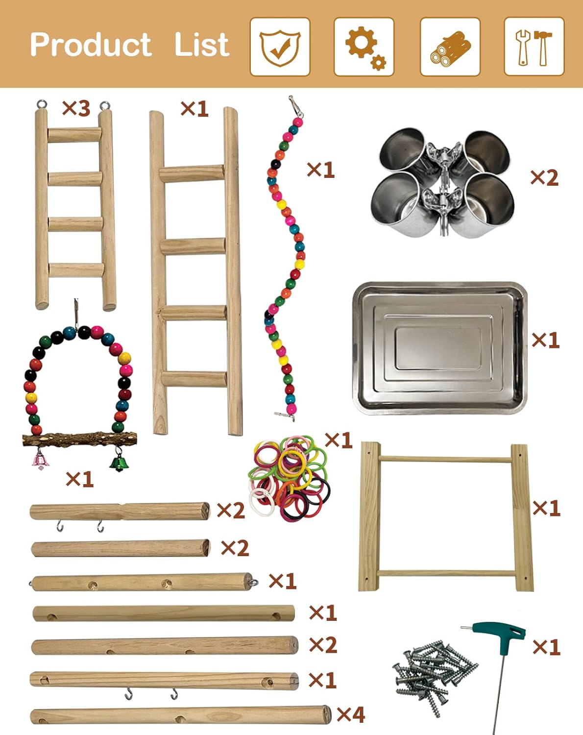 Bird Play Stand, Large Parakeet Playground, Natural Wood Parrot Perch Stand, Birds Play Gym Cockatoos Cage Accessories with Feeder Cups Swings for Cockatiel Budgie Conure - Happypetzone.online - Image 3