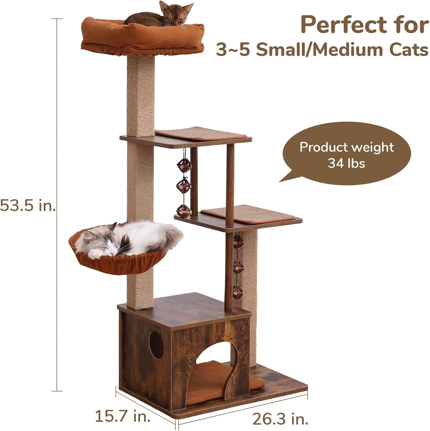 FUKUMARU Cat Tree, 4 in 1 Large Modern Cats Tower with Jute Scratching Post and Hammock, Wood Cat Condo with silvervine Balls, Brown Cat Climber Stand Playhouse for Indoor Cats, Retro Style - Happypetzone.online - Image 3