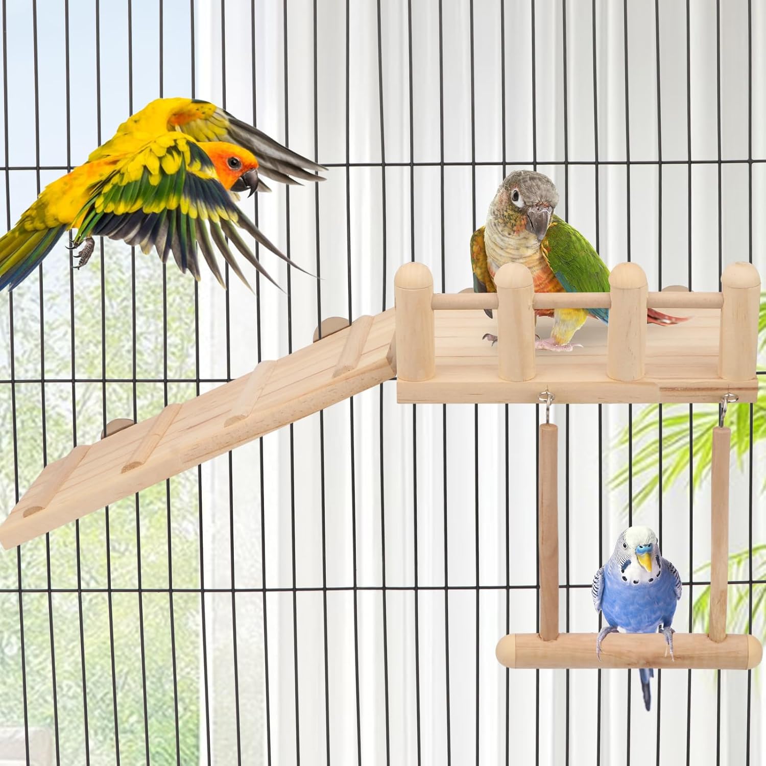 Wontee Bird Perches Platform Swing with Climbing Ladder Bird Cage Accessories Play Gym Exercise Stand for Parrots Budgies Parakeets Caique Senegal Cockatiels Conures - Happypetzone.online - Image 3
