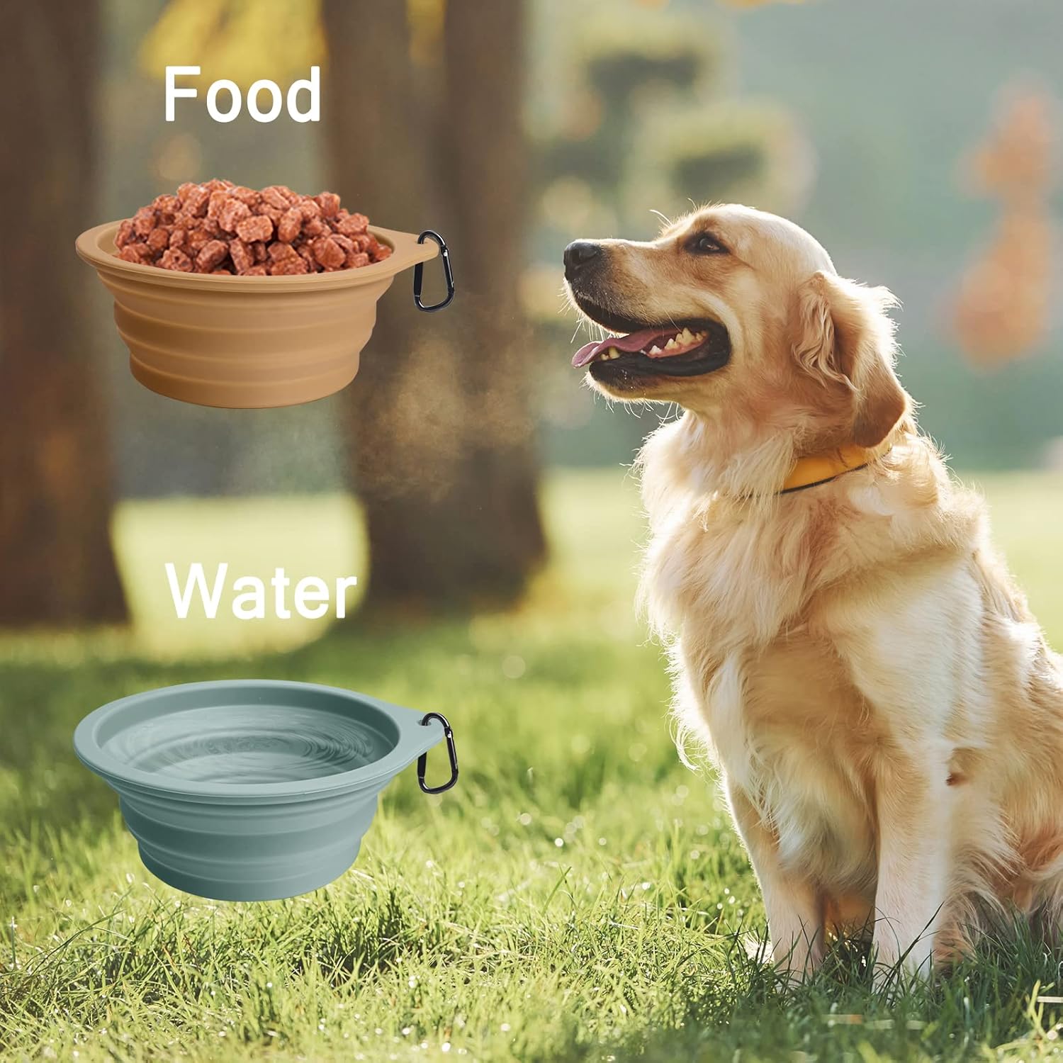 PetBonus 2-Pack Silicone Collapsible Dog Bowls, BPA Free Dishwasher Safe, Portable Foldable Expandable Travel Bowl, Food Water Feeding Cup Dish for Dogs Cats with 2 Carabiners (Turquoise, Tan) - Happypetzone.online - Image 4