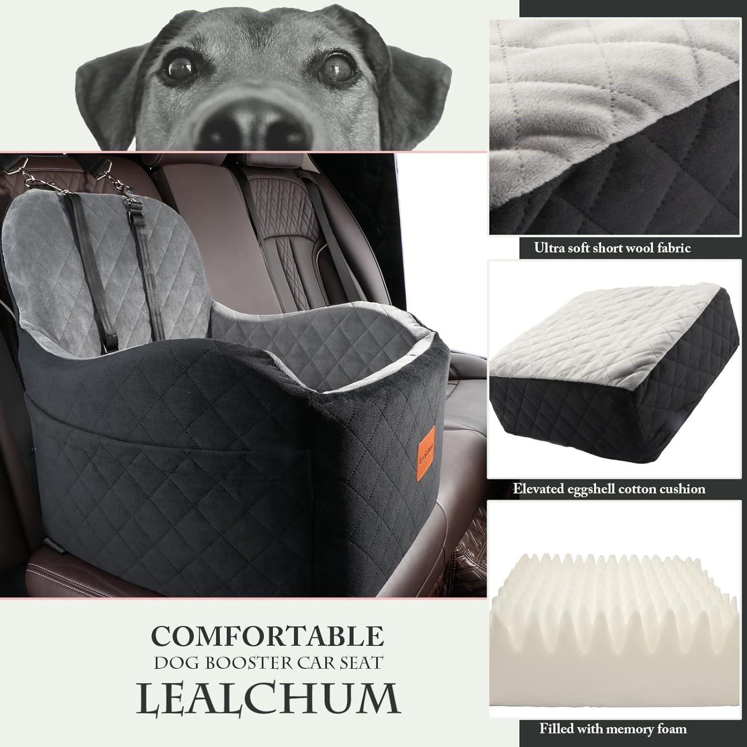 Lealchum Dog Booster Car Seat for Small/Medium Dogs,6in Memory Foam Elevated Cushion,Fully Detachable and Washable,2 Clip-On Safety Leashes,Anti-Slip Base(Black/Grey,Medium) - Happypetzone.online - Image 4