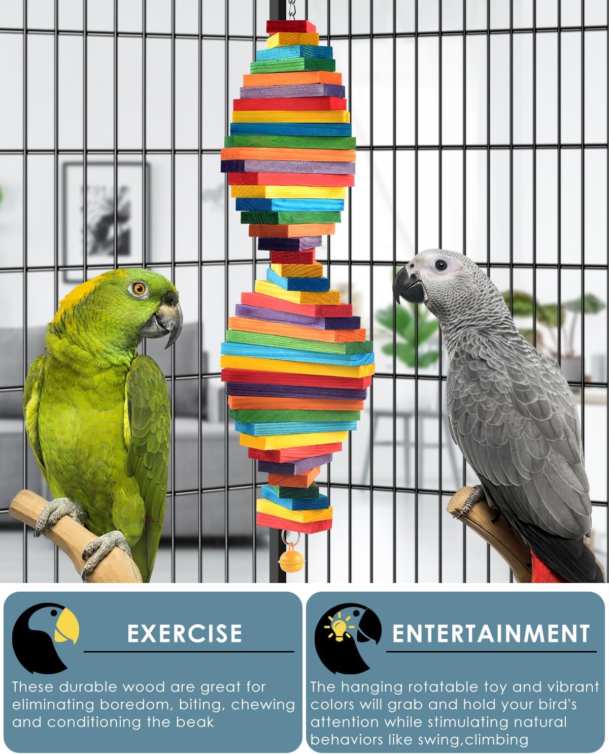Bissap Bird Chew Toys, Multicolored Bagel Cascade Bird Parrot Chewing Sticks Biting Wooden Blocks Toy for Medium Amazon Cockatiels Cockatoos Macaws and Similar Sized Pet Birds - Happypetzone.online - Image 4