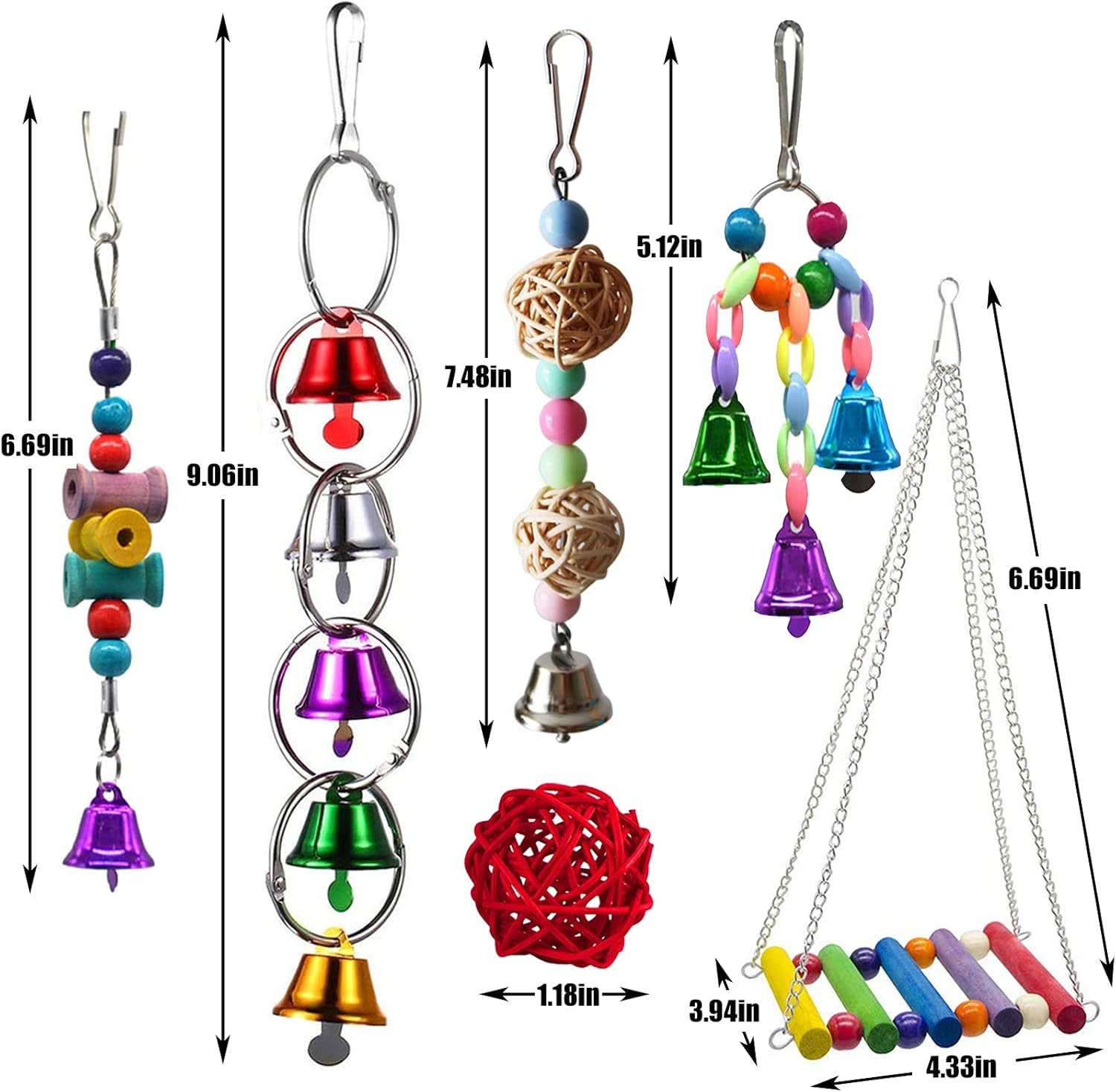 Hamiledyi Bird Parrot Swing Chewing Toy Set 15PCS Wooden Hanging Bell with Hammock Climbing Ladders Colorful Pet Birds Cage Toys for Small Parakeet Cockatiel Finches Conures Budgie Macaws Love Birds - Happypetzone.online - Image 6