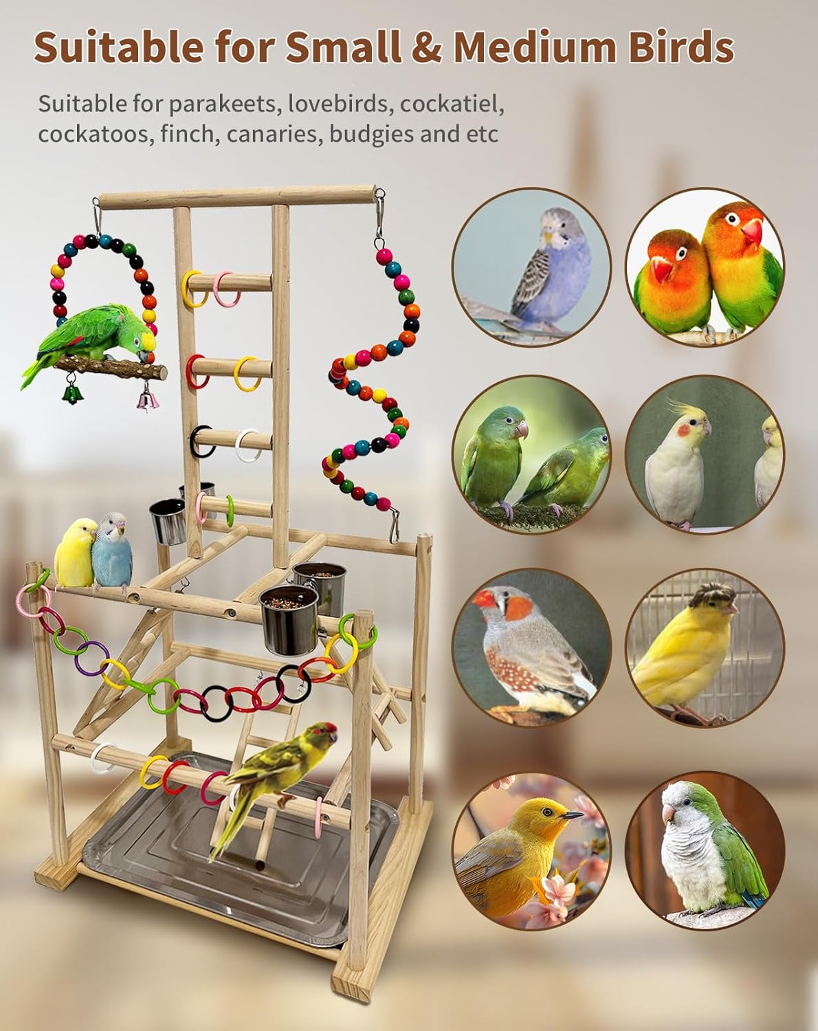 Bird Play Stand, Large Parakeet Playground, Natural Wood Parrot Perch Stand, Birds Play Gym Cockatoos Cage Accessories with Feeder Cups Swings for Cockatiel Budgie Conure - Happypetzone.online - Image 7