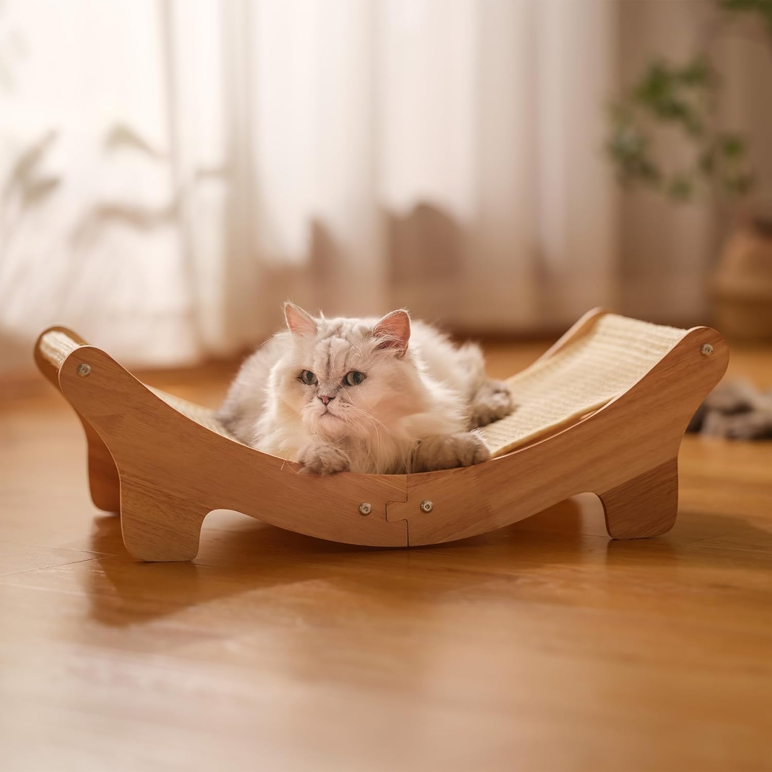 Natural Sisal Cat Scratcher Bed for Indoor Cats Scratching Post Hammock Lounge with Oak Frame, Wooden Cat Furniture for Large Cats, Modern Scratcher - Happypetzone.online - Image 3