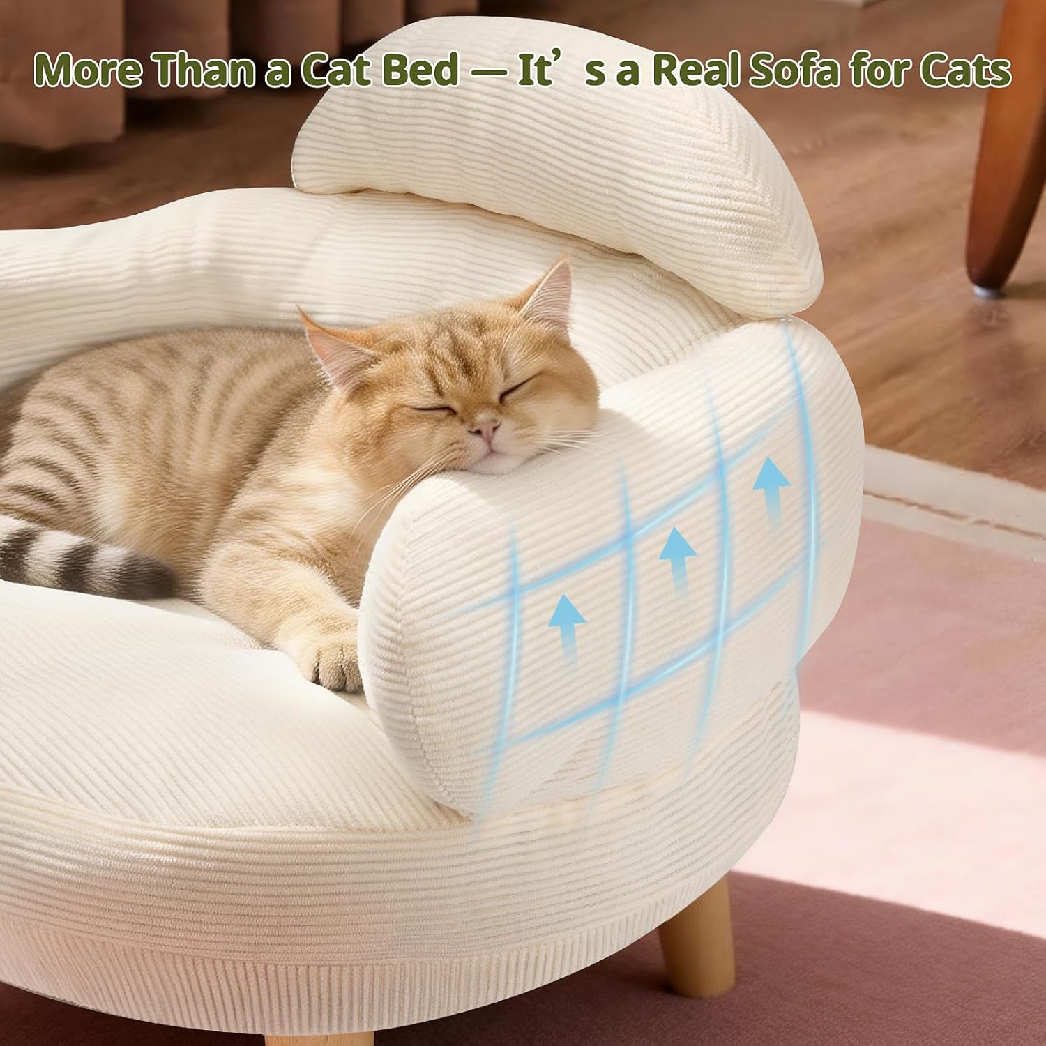 Cat Sofa Furniture-Style Pet Bed with Removable Cotton Velvet Cover, Solid Pine Wood Legs, for Cats and Small Dogs, White - Happypetzone.online - Image 2