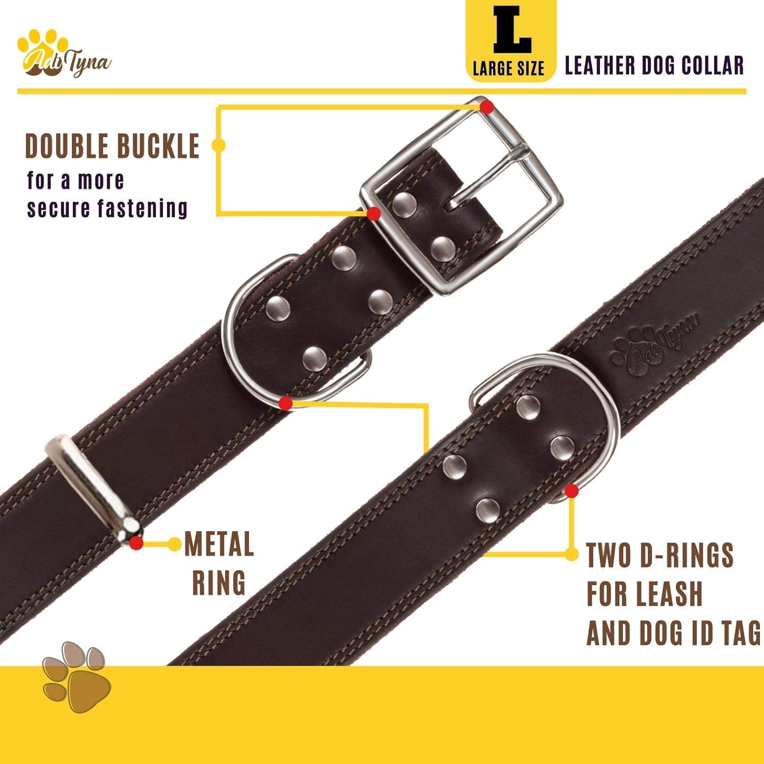 ADITYNA Heavy Duty Leather Dog Collar for Large Dogs - Soft and Strong Leather Collar for Walking, Training, Hunting, and Running (Large: Fit 17" - 23" Neck, Brown) - Happypetzone.online - Image 5