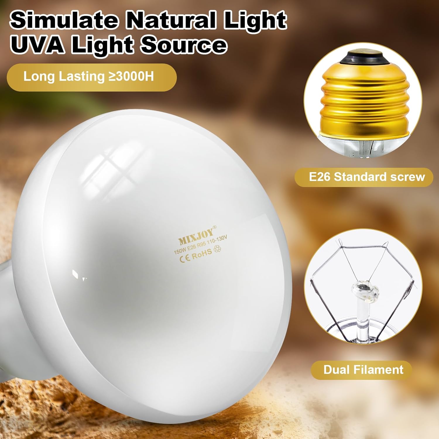 MIXJOY 150W Reptile Heat Lamp Bulbs, 2Pack Heat Lamp Bulbs for Reptiles Basking Bulbs UVA Daylight Basking Light Amphibians Heating Lamp Emitter for Lizard, Tortoise, Bearded Dragon Gecko, Chicken - Happypetzone.online - Image 4