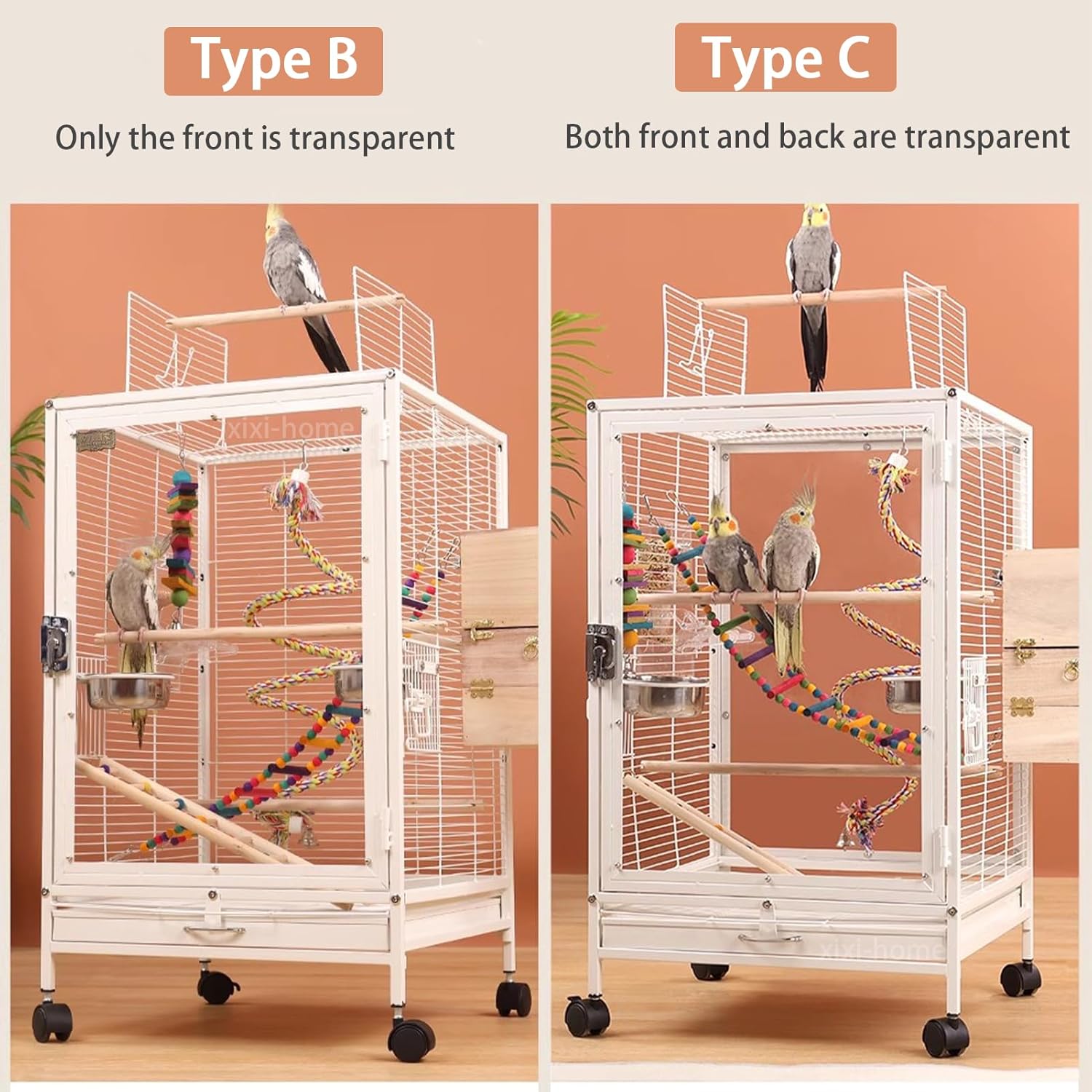 xixi-home Clear Parrot Cage,Metal Bird Cage Ornamental Cage -with Play Top and Wheel,Large Bird Cage Flying Birdcage for Outdoors (Type B - White) - Happypetzone.online - Image 4