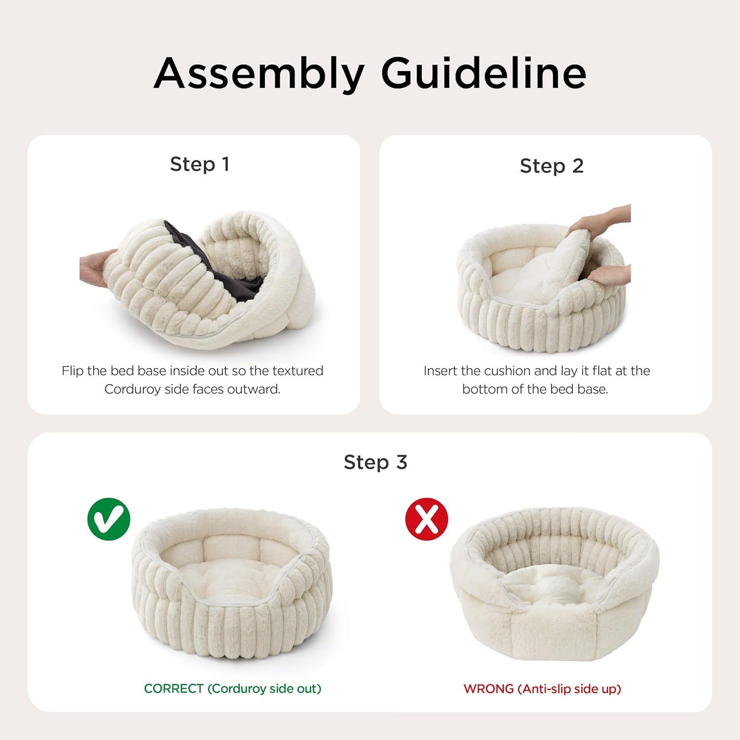 Bedsure ComfyFleece™ Cat Bed, Washable Round Cute Pet Beds for Indoor Cats, Super Soft Corduroy Kitten Bed with Anti-Slip Bottom, 20''x20''x8'', Cream - Happypetzone.online - Image 5