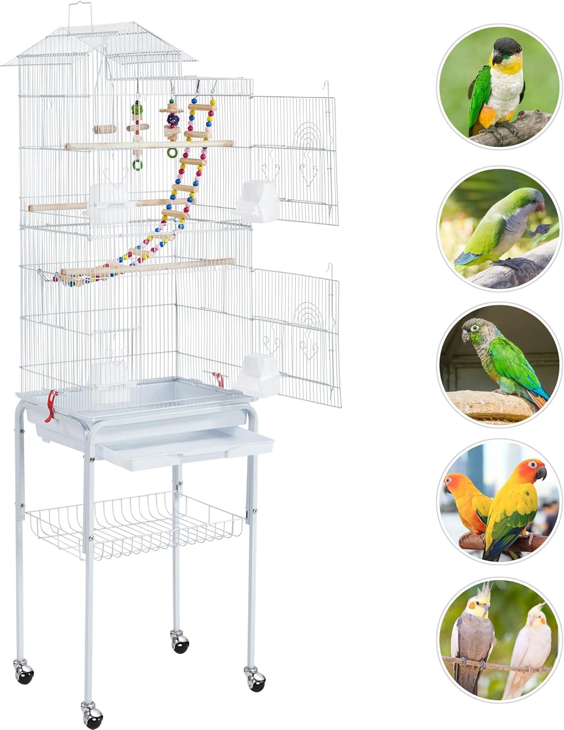Yaheetech 62.5-inch Roof Top Flight Bird Cage for Parakeets Cockatiels Conures Finches Lovebirds Canaries Budgies Small Parrots, Large Birdcage with Detachable Rolling Stand, White - Happypetzone.online - Image 9