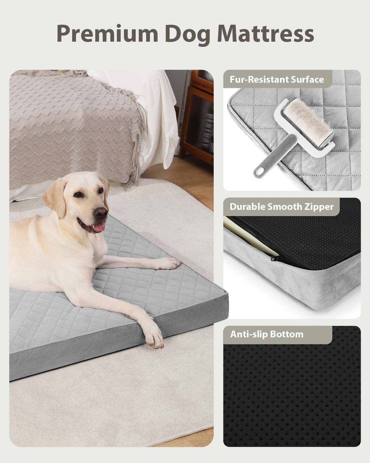 NUPIDA Orthopedic XL Dog Beds Large Sized Dog Waterproof Bed with Removable Washable Cover and Non-Slip Bottom, Quilting Pet Mattress for Crate, 41x27 Inch, Light Gray - Happypetzone.online - Image 3