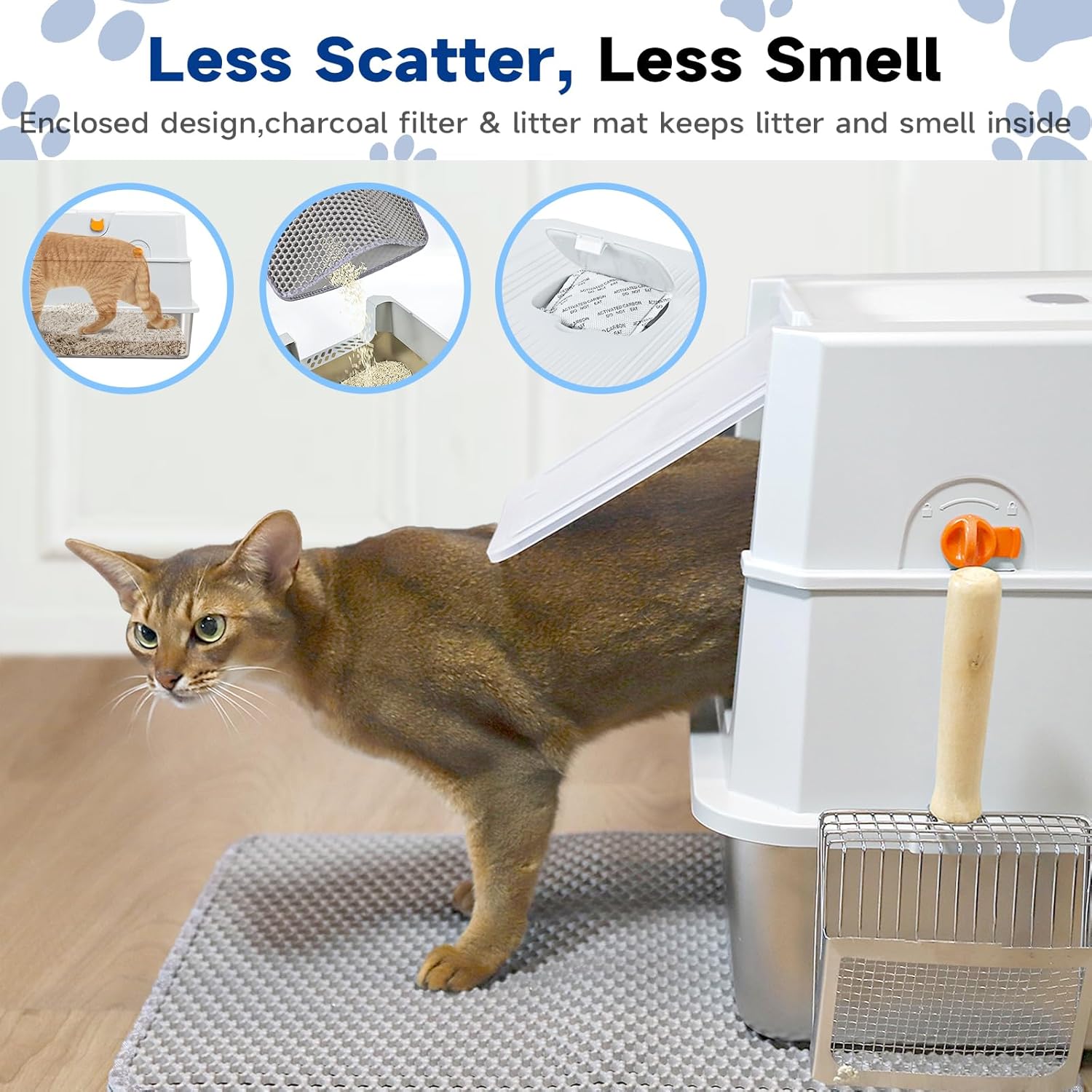 TENTIZON Stainless Steel Cat Litter Box with Lid, Large Covered Enclosed Kitty Litterbox with Hood, Flip Top, High Side, Litter Mat, Scoop for Big Cats, Kitten, No Odor, No Mess, Easy Clean, Grey - Happypetzone.online - Image 5