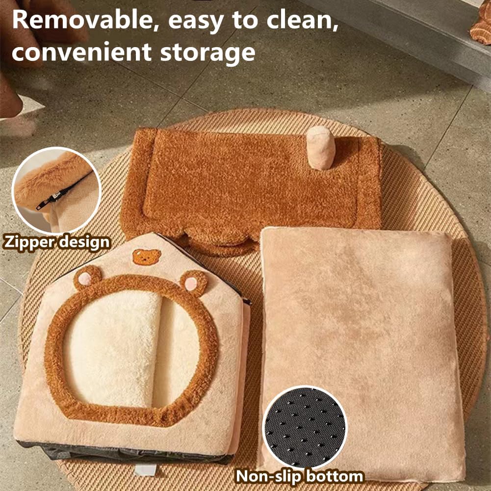 Cat Bed for Indoor Cats, Cozy Cave Bed Cat House Cats Tent with Removable Cushion Pillow, Soft Warm Pet House, Cute Bear Pet Nest for Kitten Small Dogs (Brown, M-18.1x14.57x15.75 Inches) - Happypetzone.online - Image 6