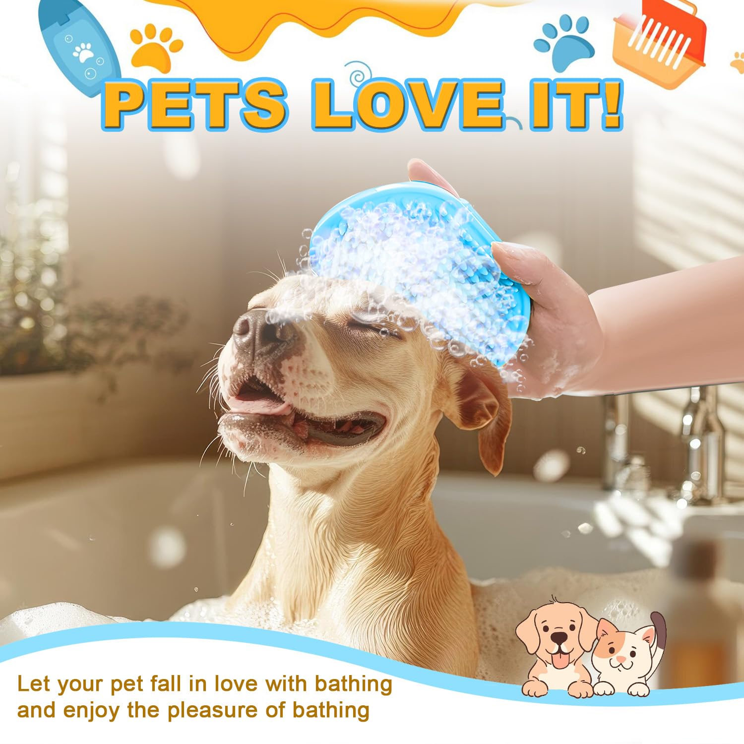 3Pcs Dog Bath Brush, Dog Scrubber for Bath, Dog Shampoo Brush Bubble Maker, Dog Paw Washer, dog grooming Massage Brush with Adjustable Ring Handle, dog accessories for Short & Long Hair -Blue - Happypetzone.online - Image 4
