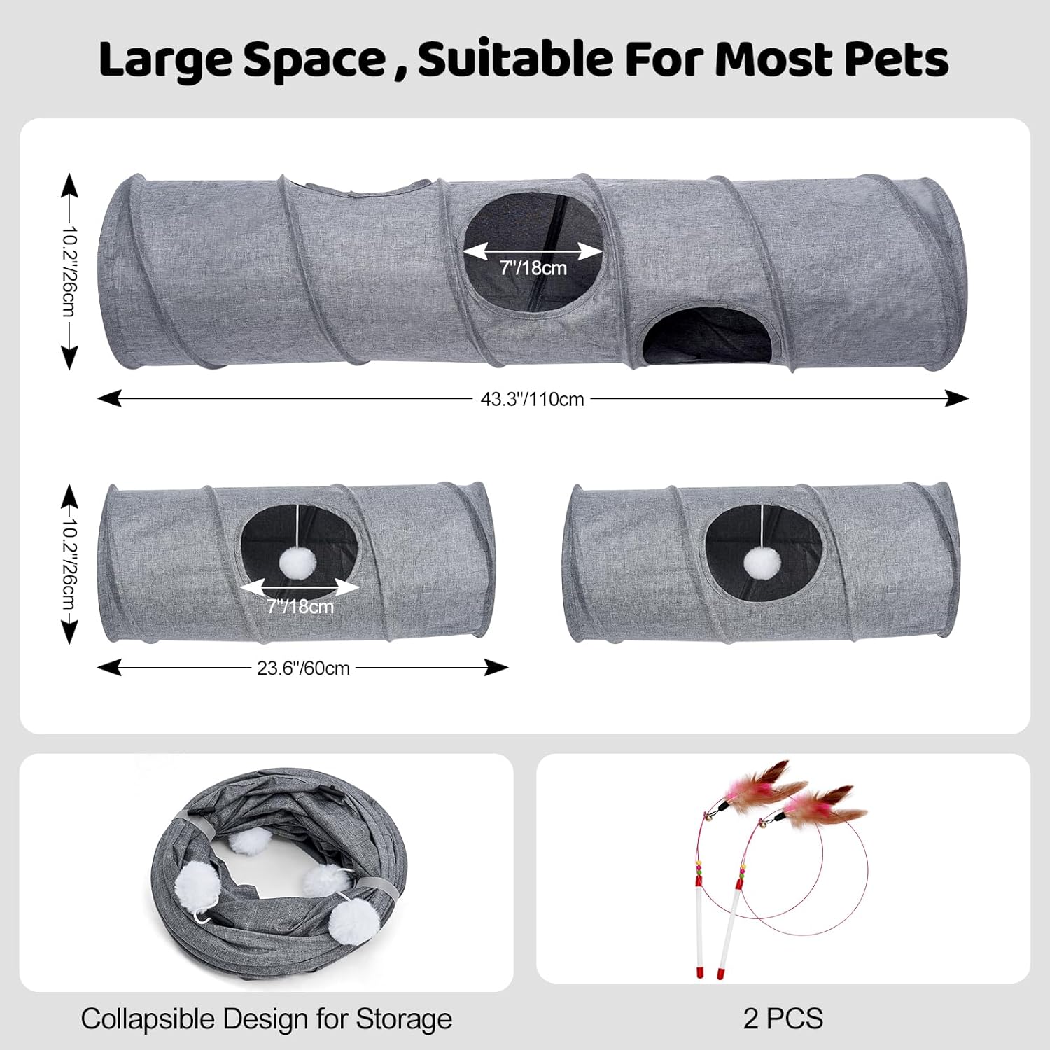 Cat Tunnel, 3 Straight Shaped Tunnels 6 DIY Shapes with Wand Toys, No Noise Scratch Resistant Cool Linen Fabric, Interactive Pet Tunnel Tube for Indoor Cats, Puppy and Rabbits - Happypetzone.online - Image 6