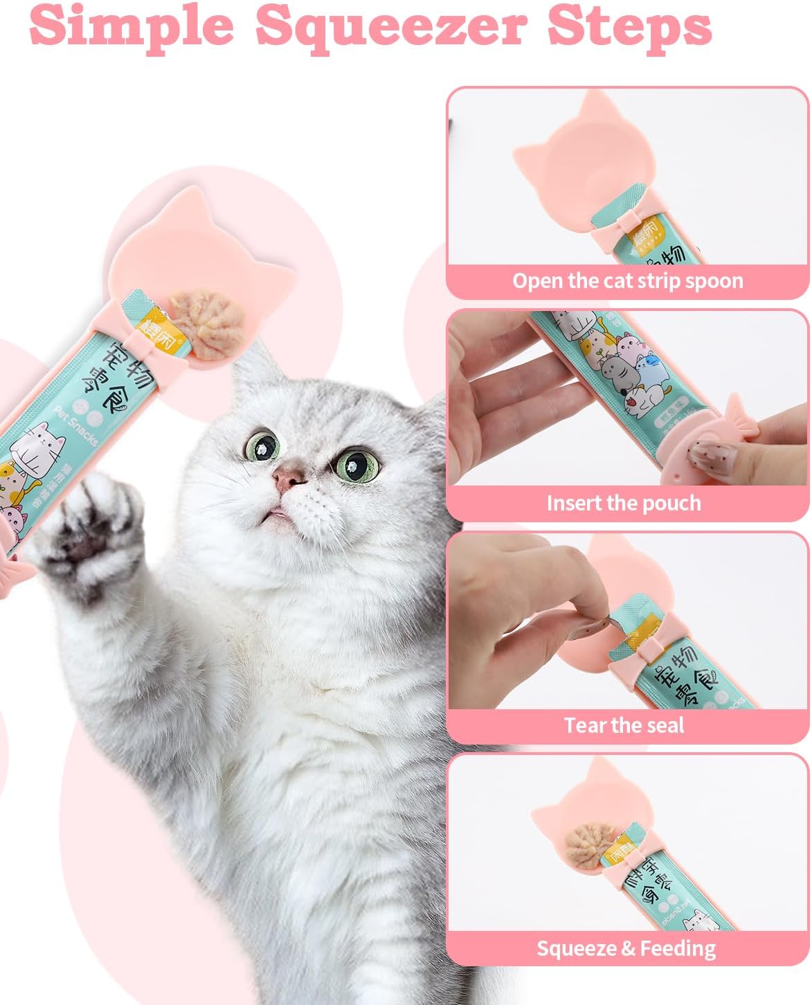 6 PCS Cat Food Can Covers Set, Reusable Silicone Can Lids with Opener, Stainless Steel Wet Food Spoon & Cat Treat Squeezer for Pet Feeding and Storage, Fits Cats & Dogs (Pink) - Happypetzone.online - Image 6