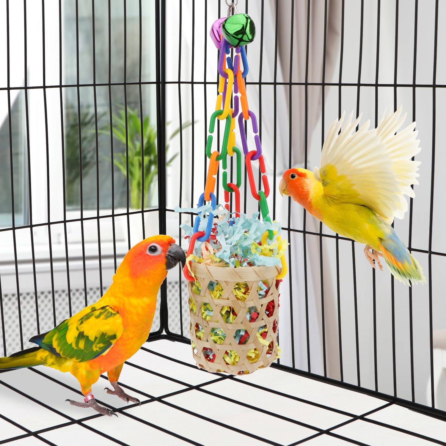 Wontee Bird Toys Colorful Shredding Crinkles Foraging Toys Natural Sola Ball for Parrots Cockatiels Conures Parakeets Budgies Senegal (Bamboo Basket (1 Pack)) - Happypetzone.online - Image 3