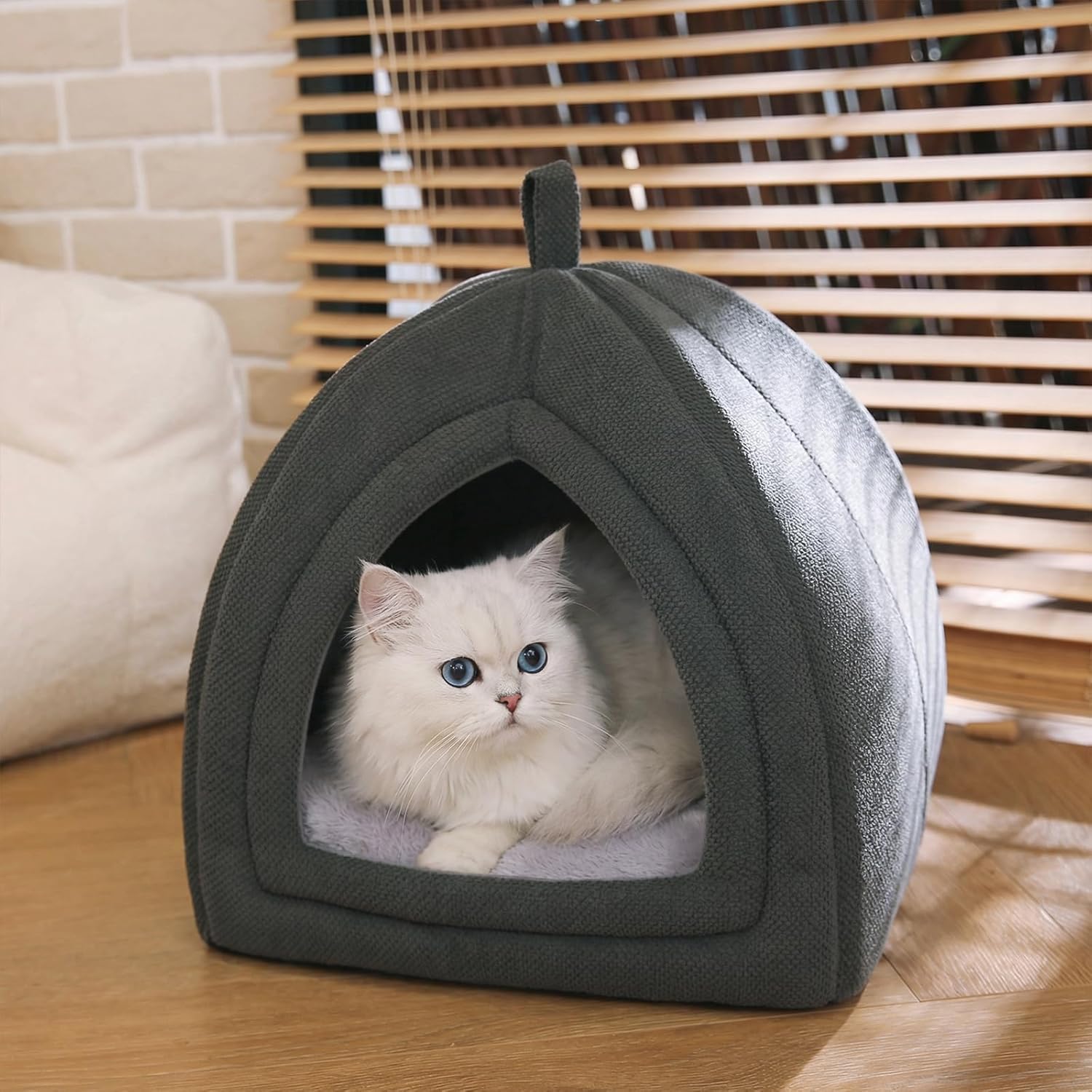 Amazon Basics Cat Cave Bed, 2-in-1 Foldable House for Indoor Cats, with Washable Cushion and Non-Slip Base, 17.5 x 17.5 Inches, Large - Happypetzone.online - Image 4