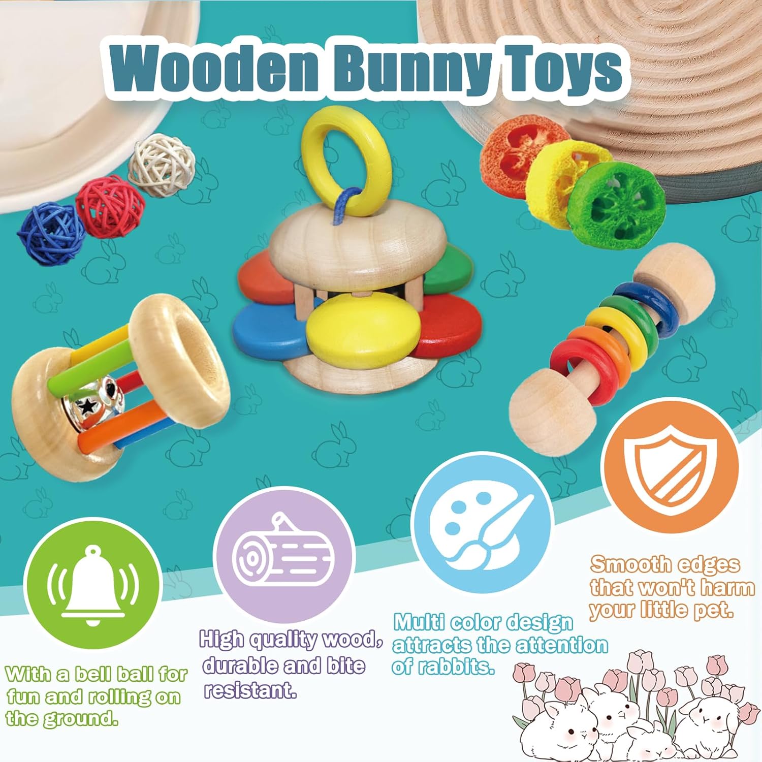 QWR 9PCS Wooden Bunny Toys,Safe Rabbit & Guinea Pigs Teeth Grinding Toy for Chinchillas, Hamsters & Small Animals - Indoor & Outdoor - Happypetzone.online - Image 3