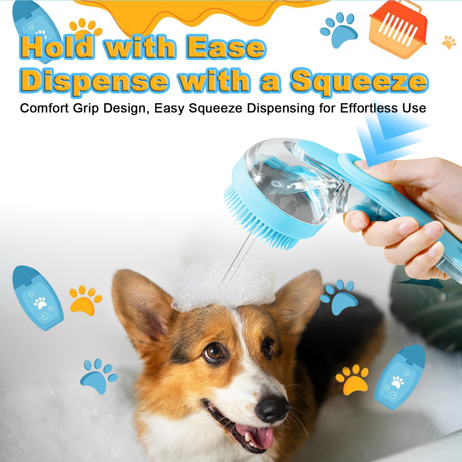 3Pcs Dog Bath Brush, Dog Scrubber for Bath, Dog Shampoo Brush Bubble Maker, Dog Paw Washer, dog grooming Massage Brush with Adjustable Ring Handle, dog accessories for Short & Long Hair -Blue - Happypetzone.online - Image 3