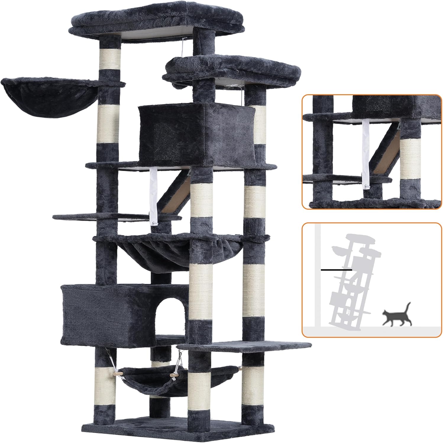 Heybly Cat Tree, 71-Inch-Tall Tower for Indoor Cats with 2 Perches, 2 Big Condos, 2 Hammocks, Basket, Scratching Pad, Large Cat Furniture and Condo, Smoky Gray HCT034G - Happypetzone.online - Image 3