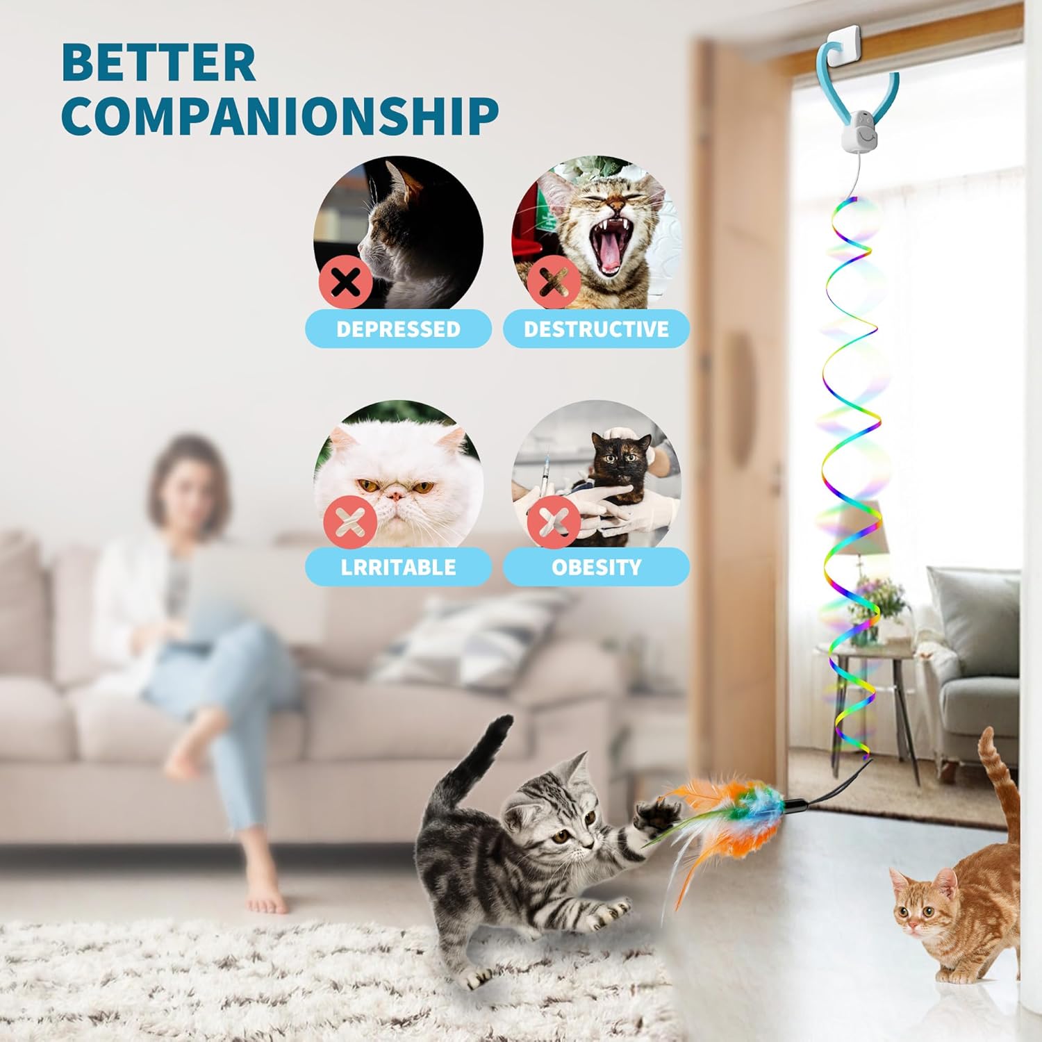 Interactive Cat Toys for Indoor Cats, Automatic Electric Door Hanging Toy with 3 Interchangeable Accessories (Feather, Mouse, Womm toy), Motion Activated USB Rechargeable Enrichment for Bored Cats - Happypetzone.online - Image 4