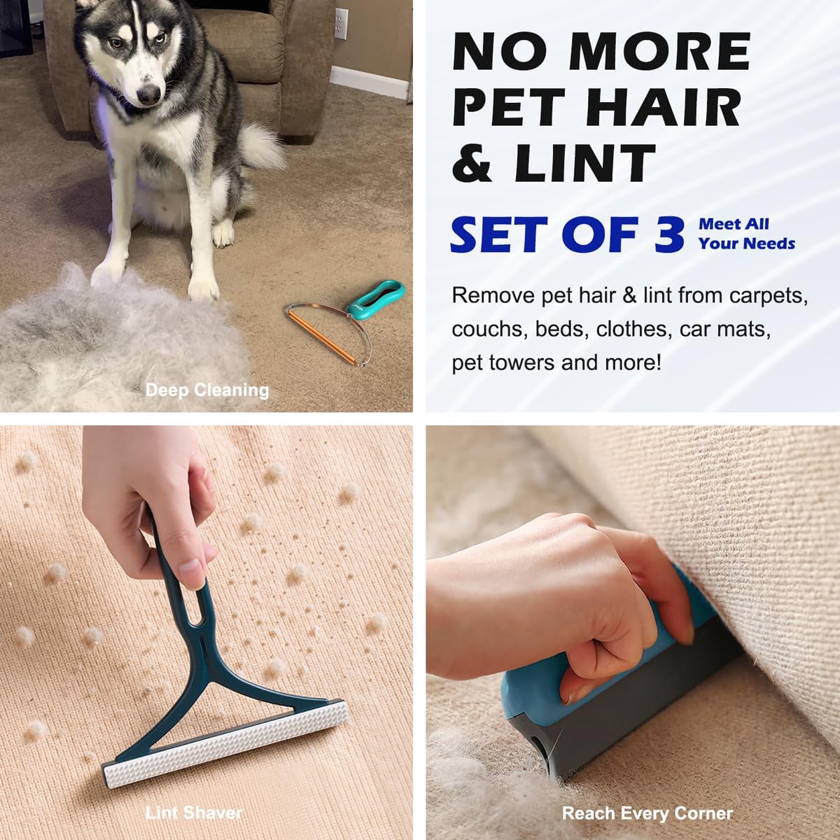 Pet Hair Remover 3-Pack, Dog Cat Hair Remover, Lint Shaver Cleaner Pro, Fur Removal Tool, Portable Carpet Scraper, Fuzz Rollers Hairball Brush for Carpets, Clothes, Car Mats, Couch, Pet Bed, Furniture - Happypetzone.online - Image 5