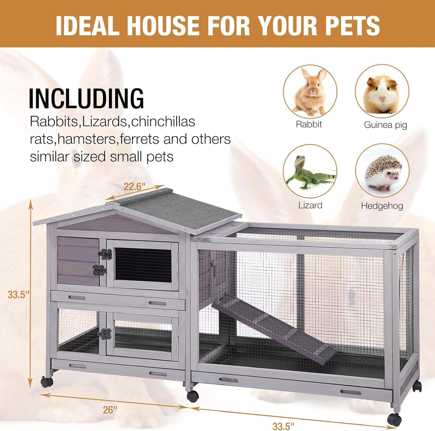 Bunny Cage Indoor and Outdoor Rabbit Hutch with Casters Waterproof Roof, Pull Out Tray from Back and Front 61.2" L x 22.6" W x 33.5" H - Happypetzone.online - Image 2