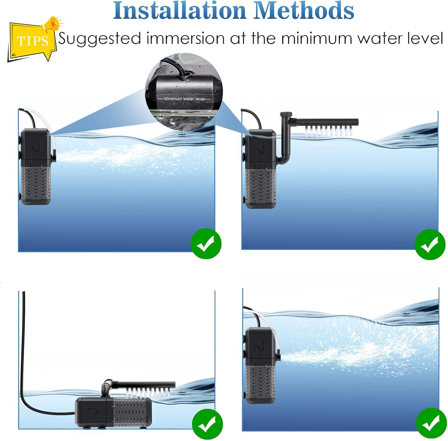 AQQA Aquarium Filter, Submersible Power Fish Tank Filter with Rainwater Aerator System Adjustable Water Flow Design, Ultra Silent Biochemical Sponge Filtration Up to Fish Tank 50 Gallon (6W-158GPH) - Happypetzone.online - Image 7