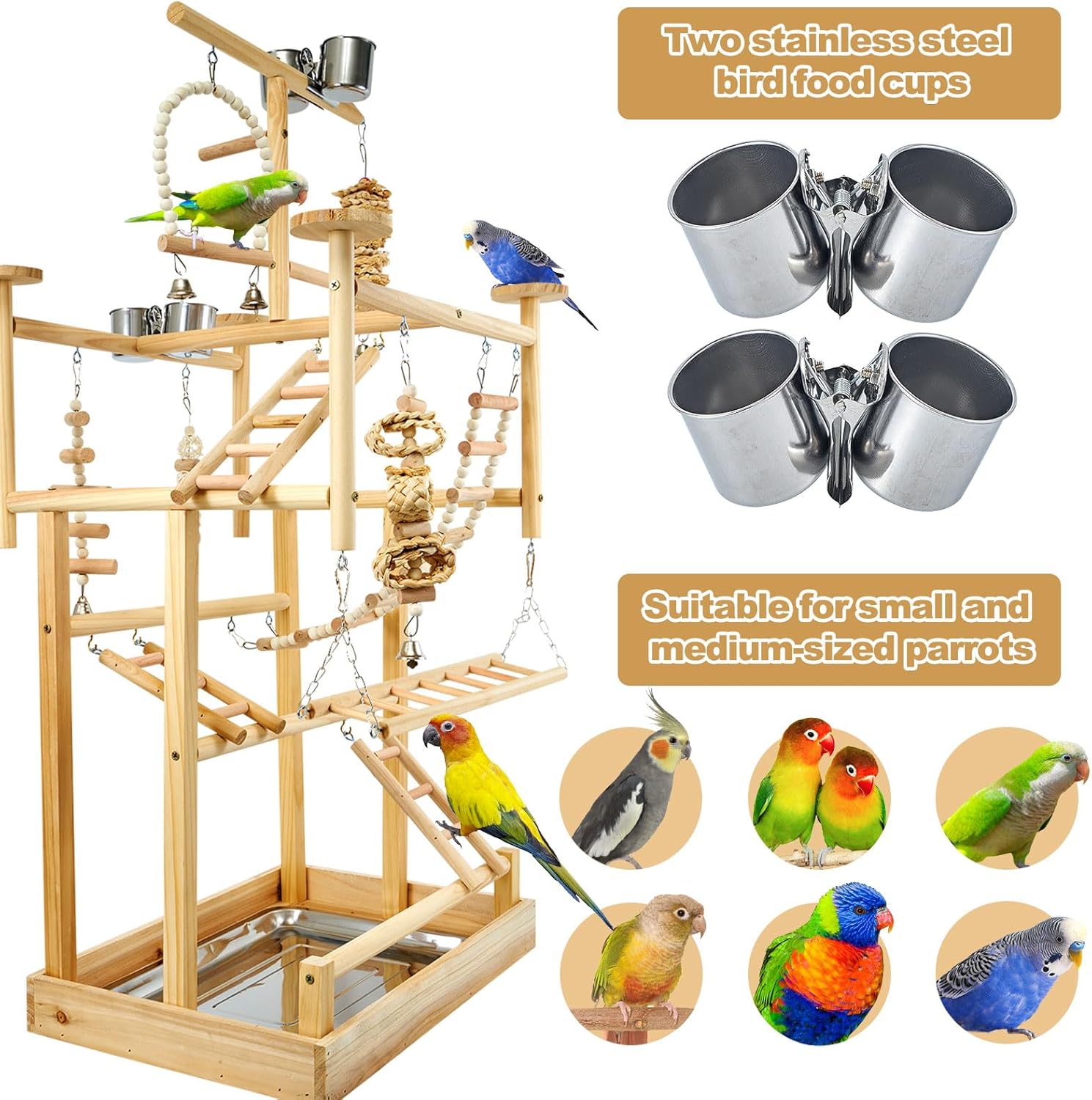 LIMIO Bird Playground - Natural Wood Parrot Playstand with Perches, Bird Play Gym & Accessories, Removable Tray & 4 Stainless Steel Cups - Happypetzone.online - Image 4