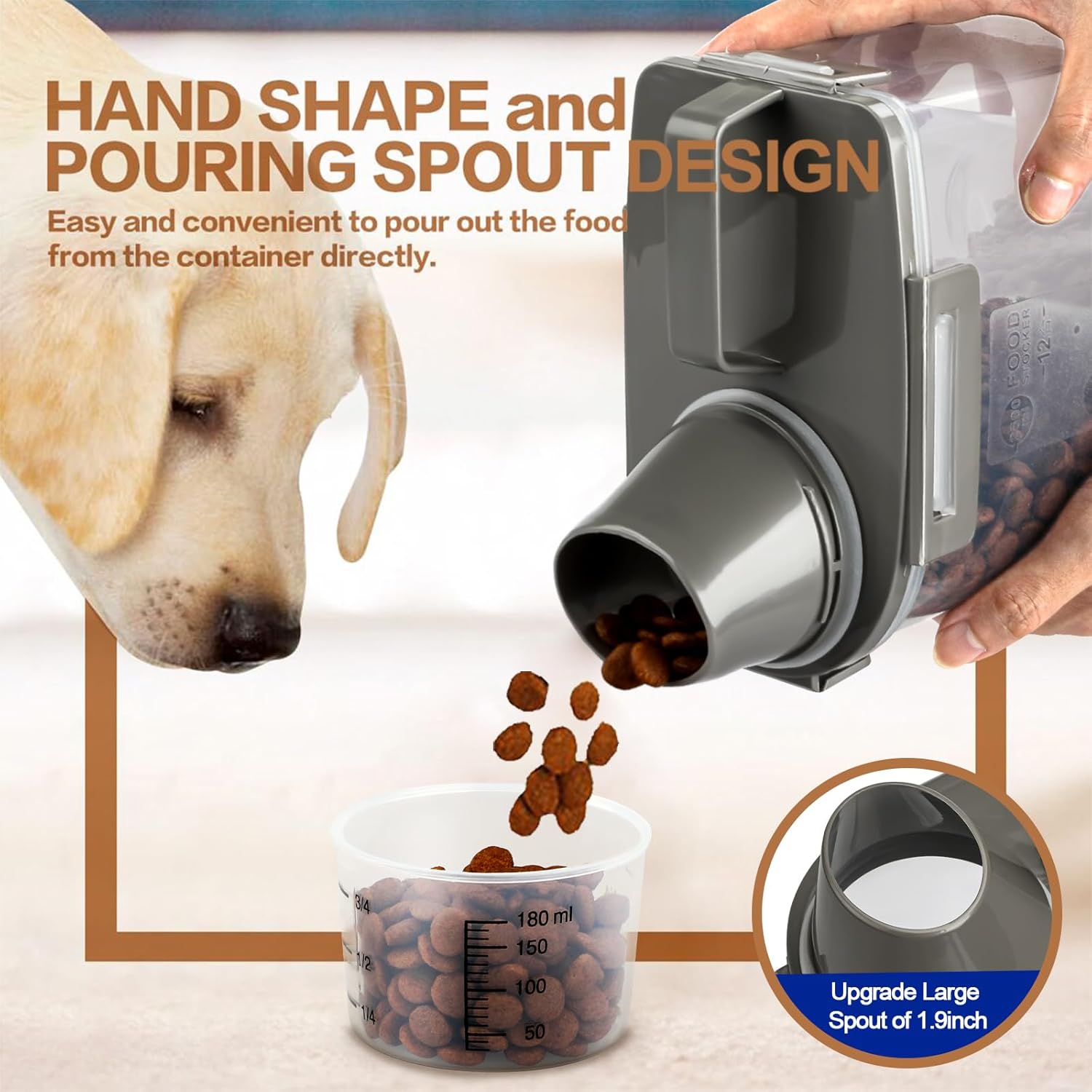 TIOVERY Upgraded Dog Food Storage Container Small, Cat Food Container Airtight, Pet Food Container Dispenser with Pour Spout, Measuring Cup and 4 Seal Buckles for Dogs, Cats, Birds (Grey) - Happypetzone.online - Image 2