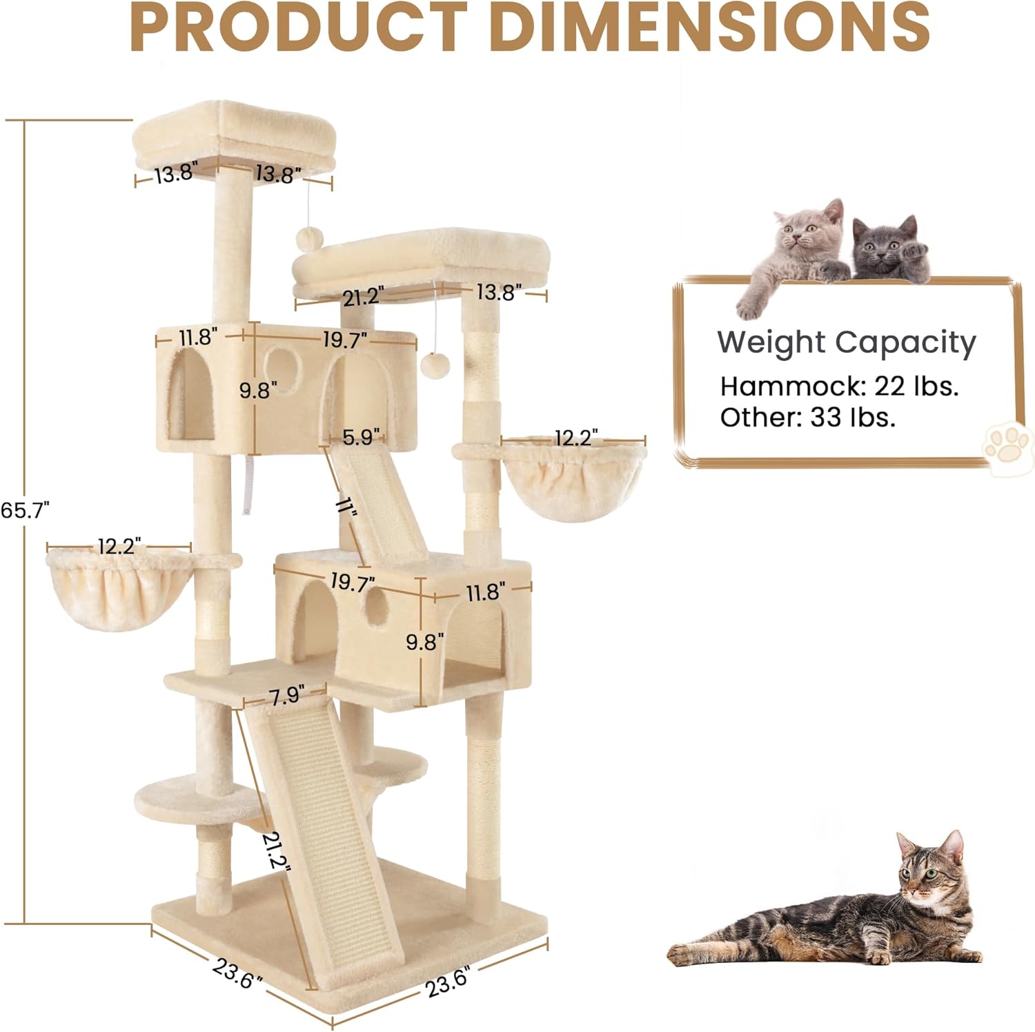 SHA CERLIN 65in Larger Cat Tree Tower Condo for Indoor Kitties/Multi-Level Furniture Activity Center with Wide Base/Cozy Plush Cat Perches/Baskets/Sisal Scratching Posts and Hammock/Beige - Happypetzone.online - Image 8