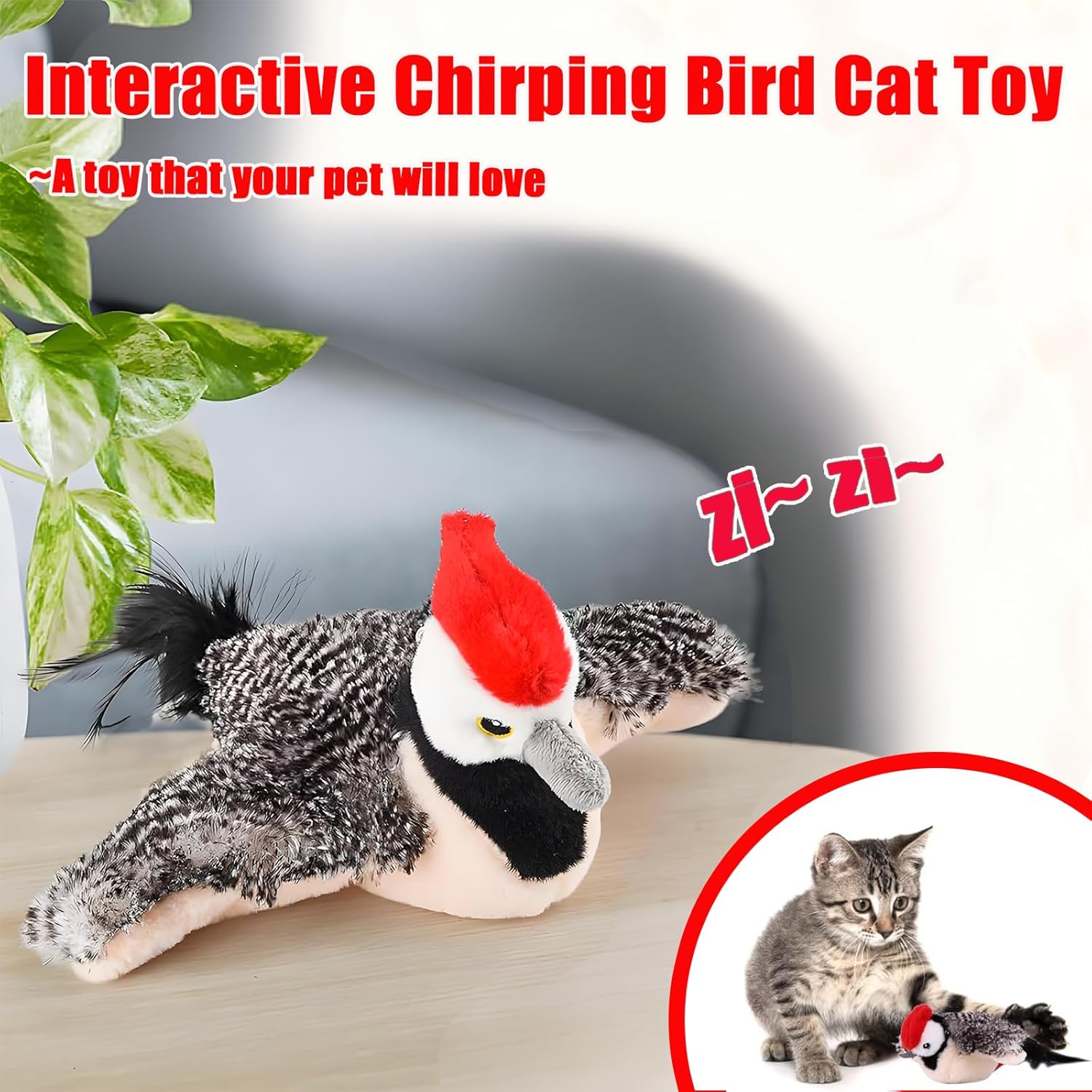 Yewmow Interactive Chirping Bird Cat Toy,2026 Upgrade Flapping Bird Cat Toys,Simulated Chirping Bird Cat Toys,Cat Stimulation Toys for Indoor Cats(Woodpecker 1pcs) - Happypetzone.online - Image 2