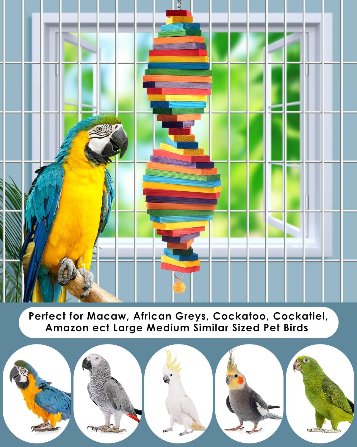 Bissap Bird Chew Toys, Multicolored Bagel Cascade Bird Parrot Chewing Sticks Biting Wooden Blocks Toy for Medium Amazon Cockatiels Cockatoos Macaws and Similar Sized Pet Birds - Happypetzone.online - Image 7
