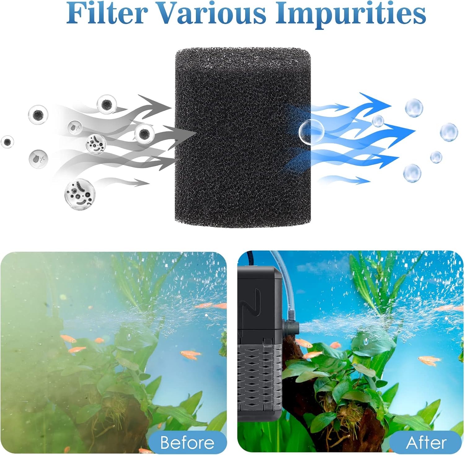 AQQA Aquarium Filter, Submersible Power Fish Tank Filter with Rainwater Aerator System Adjustable Water Flow Design, Ultra Silent Biochemical Sponge Filtration Up to Fish Tank 50 Gallon (6W-158GPH) - Happypetzone.online - Image 6