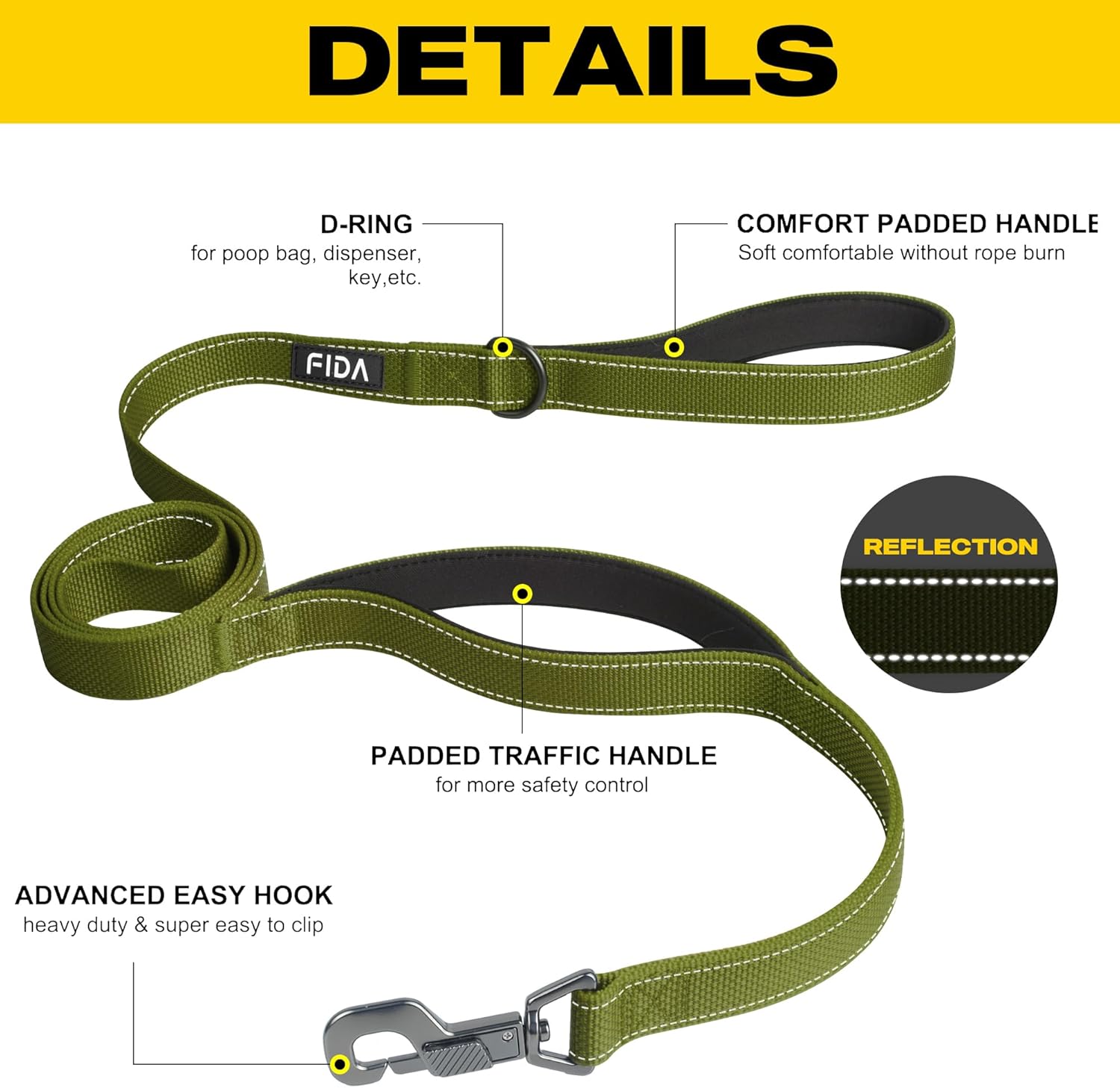 Fida 4 FT Heavy Duty Dog Leash with 2 Comfortable Padded Handles, Traffic Handle & Advanced Easy Snap Hook, Reflective Walking Lead for Large, Medium & Small Breed Dogs, Green - Happypetzone.online - Image 2