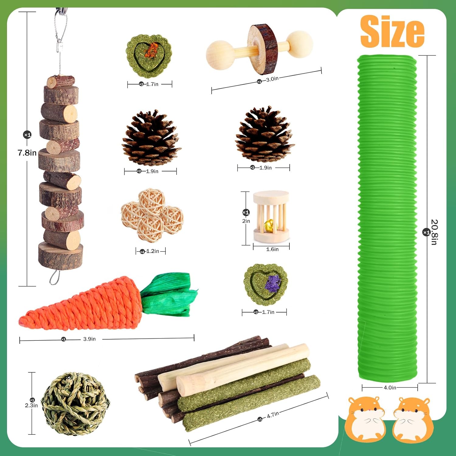 Kyouki Hamster Toys Guinea Pig Toys Set with Tunnel, Chewable Apple Wood & Natural Timothy Hay - Enrichment Chew Toys for Small Animals - 24+ Cage Accessories for Teeth Care & Boredom Relief (Green) - Happypetzone.online - Image 3