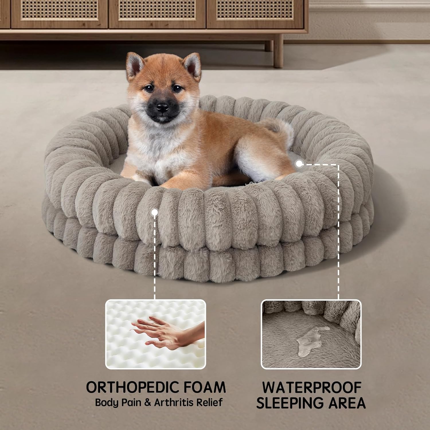 BALANCE Luxury Donut Dog Bed, 30 Inches Round Dog Bed Medium Size Dogs Washable, Orthopedic Calming Dogs Bed for Pets with Anti-Slip Bottom, Oatmeal - Happypetzone.online - Image 4